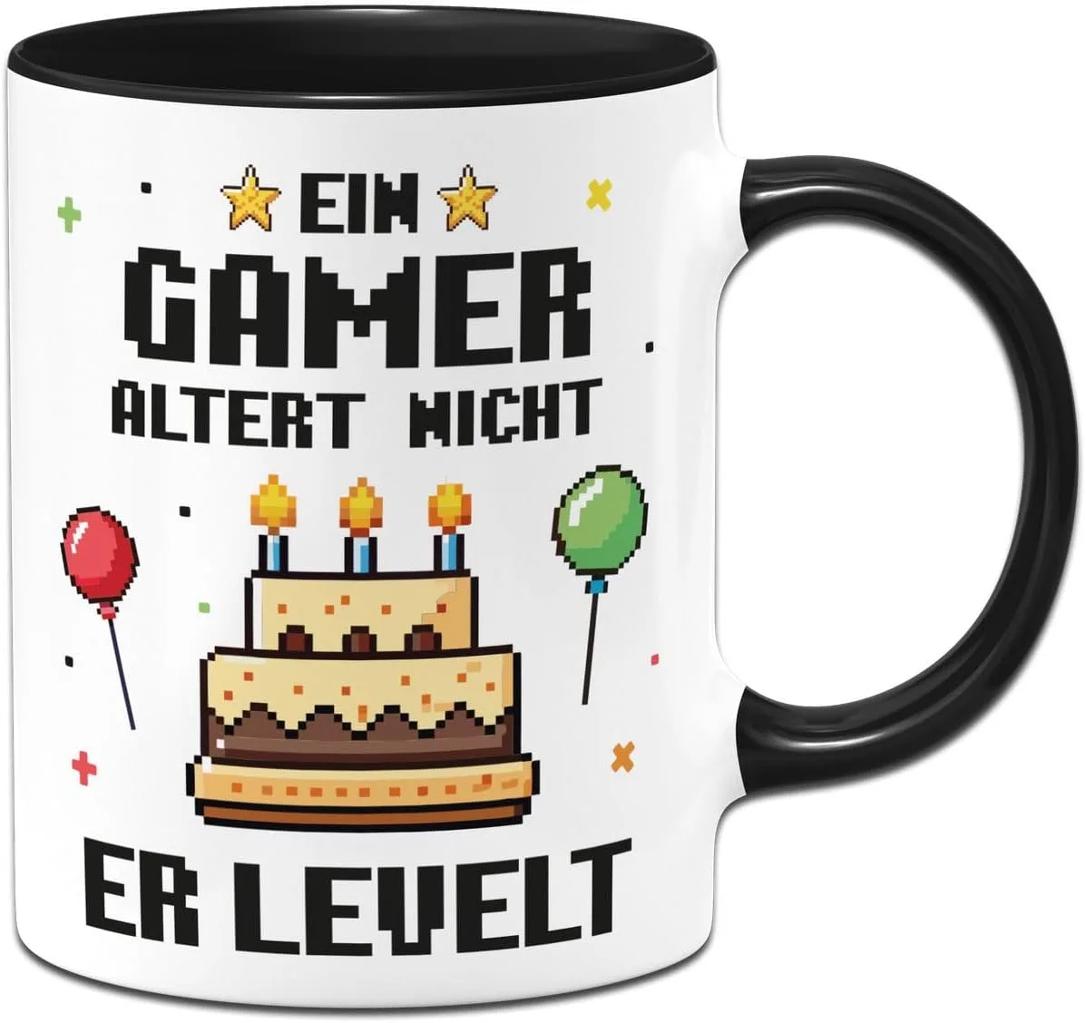 Gaming Tasse - Ein Gamer altert nicht er levelt - Geschenk zum Geburtstag für Zocker - Geburtstagsgeschenk lustig für Jungen, Nerds und Mädchen (Schwarz)
