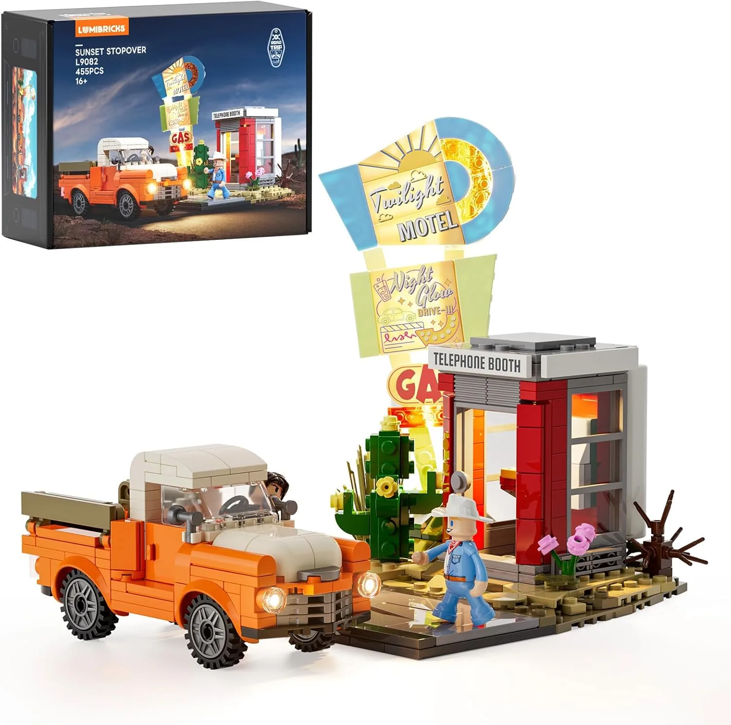 Lumibricks City Sunset-Stopover Beleuchtetes Baustein-Set – 455 Teile Modulares Straßenszenen-Modell mit LED-Licht und Retro-Auto für Erwachsene, Jugendliche und Reisebegeisterte