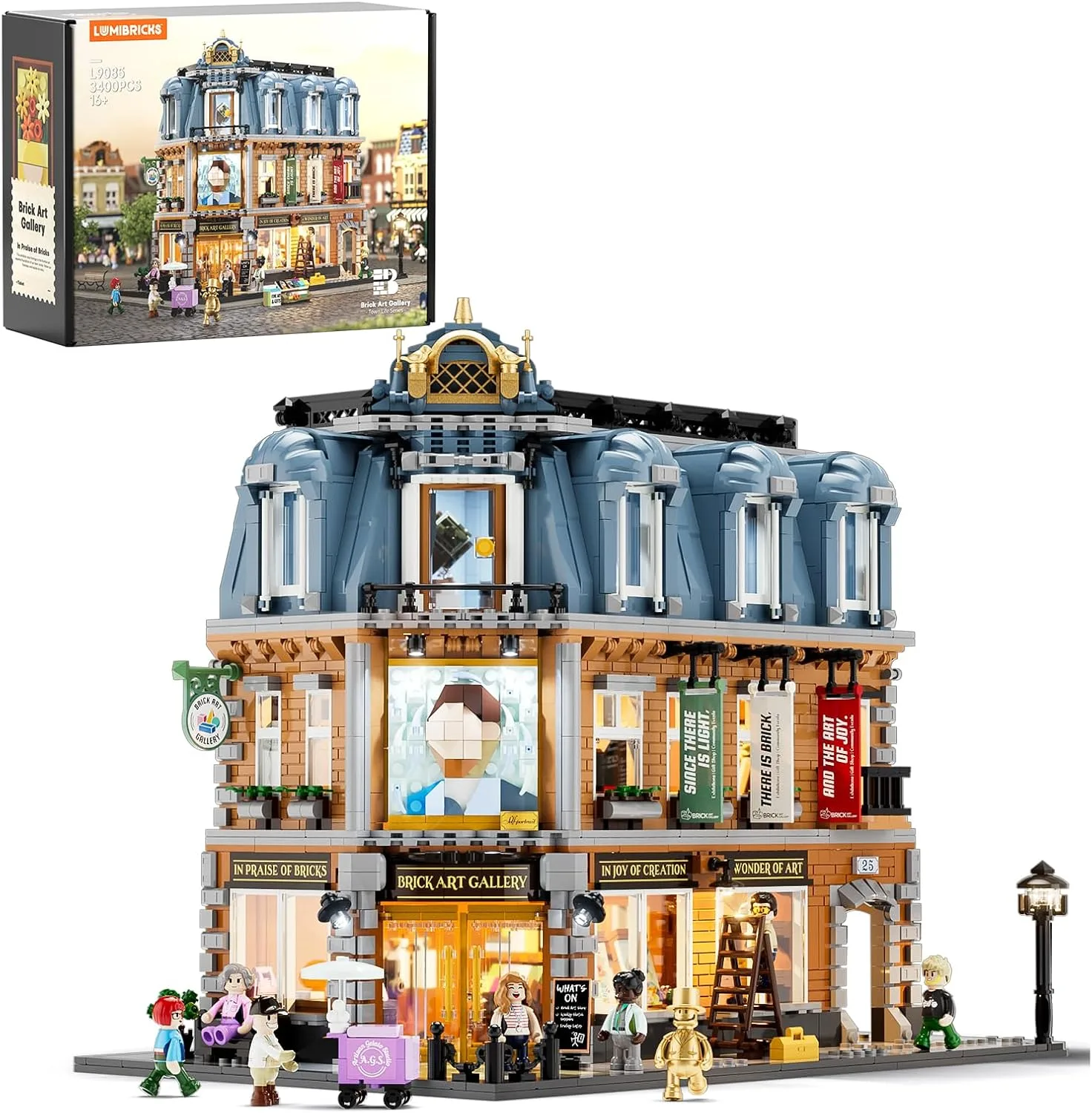 Lumibricks Brick-Kunst-Galerie Beleuchtung Klemmbausteine Haus, 3400Pcs, Modulgebäude am Straßeneck Mit Kunstklassikern&Abnehmbaren 3D-Malerei, Geschenke für Kunstliebhaber,Alter 16+, L9085