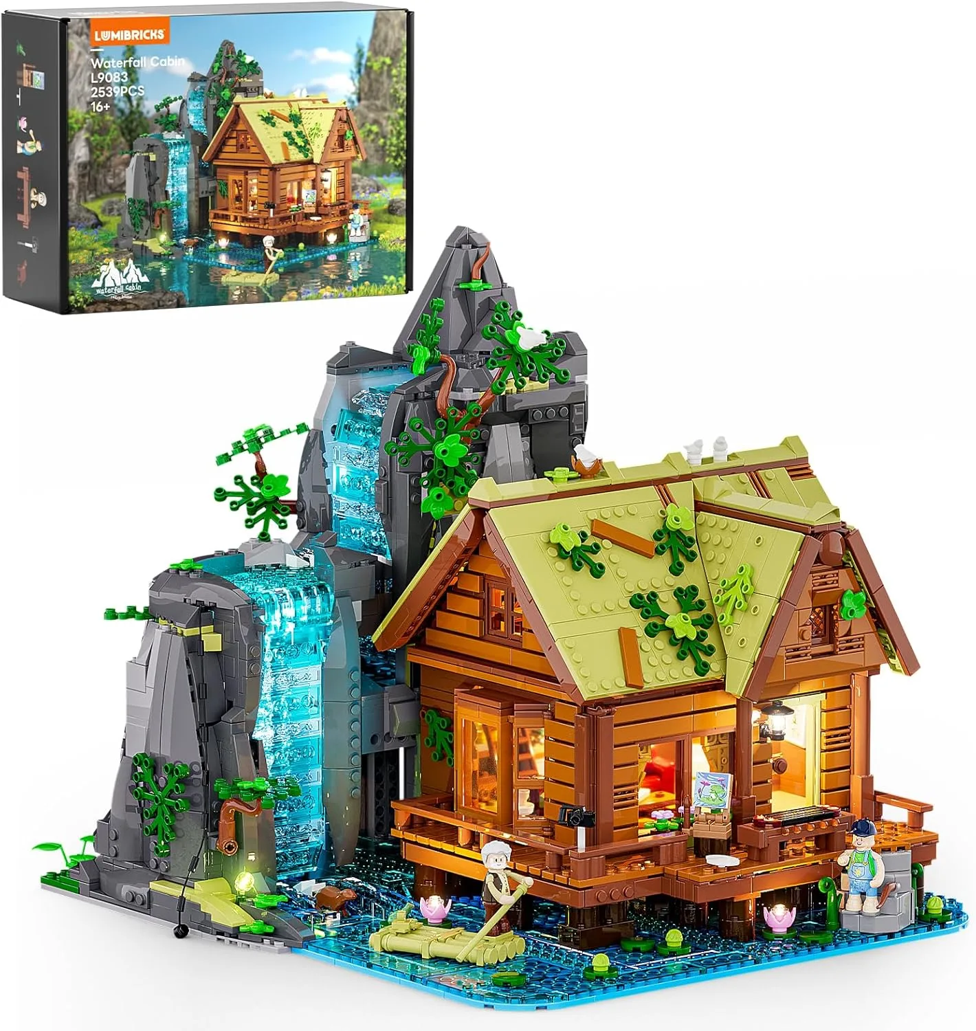 Lumibricks Waterfall Cabin Bauset mit Licht – 2539 Teile Retro Holzhaus mit beweglichem Wasserfall & Naturkulisse, Sammlerstück für Erwachsene