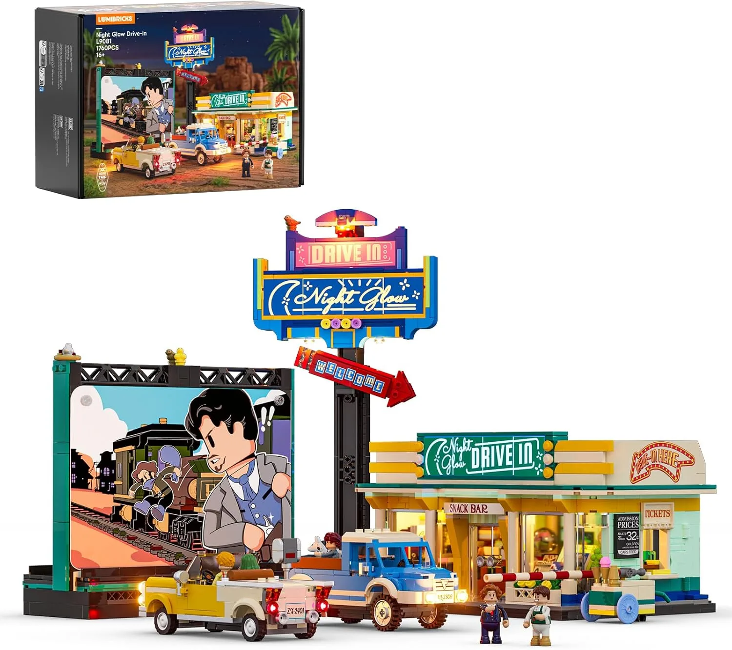 Lumibricks City Drive-in Theater Baustein-Set mit LED-Beleuchtung – 1760 Teile Retro-Auto-Kino-Modell mit Leinwand, Werbetafel & 2 Vintage-Fahrzeugen, Geschenk für Erwachsene, Jugendliche & Sammler