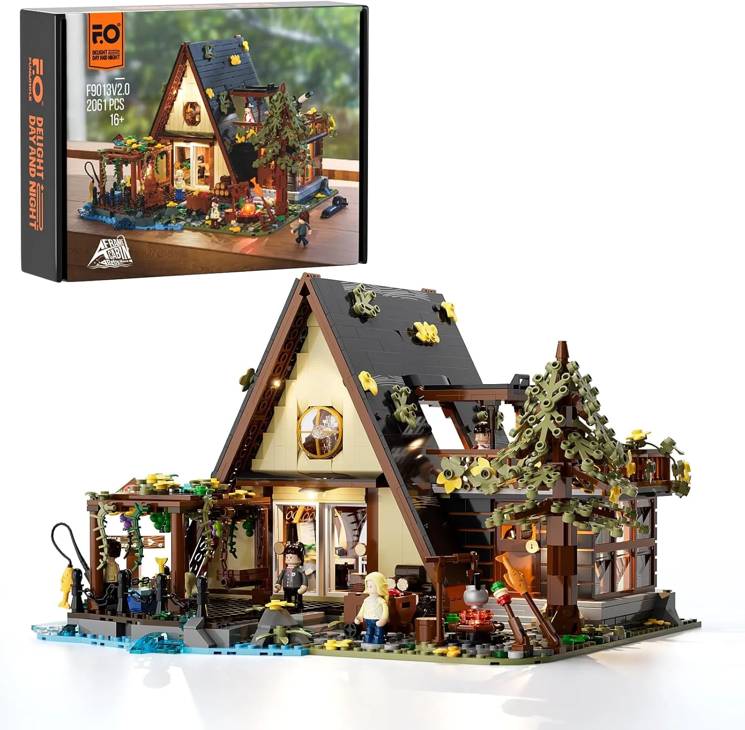 FUNWHOLE A-Frame-Hütte Beleuchtetes Baustein-Set – 2061 Teile Natur-Retreat Modell mit LED-Licht für Erwachsene & Jugendliche | Alpenhütte mit Camping-Details & kreativer Gestaltung