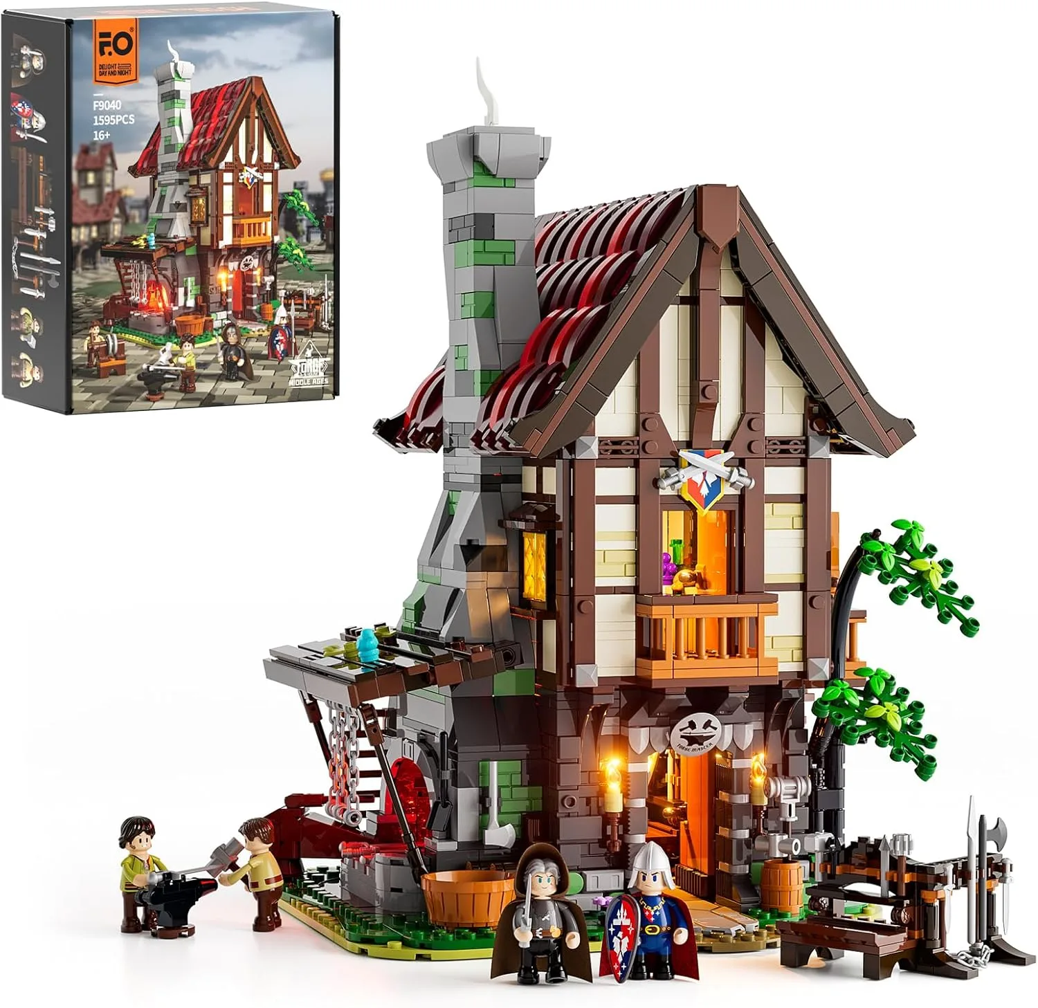 FUNWHOLE Medieval Forge Building Blocks Set with LED Light, 1595 Pieces, Medieval Forge House Clamping Blocks, Medieval Toy for Adults and Teenagers