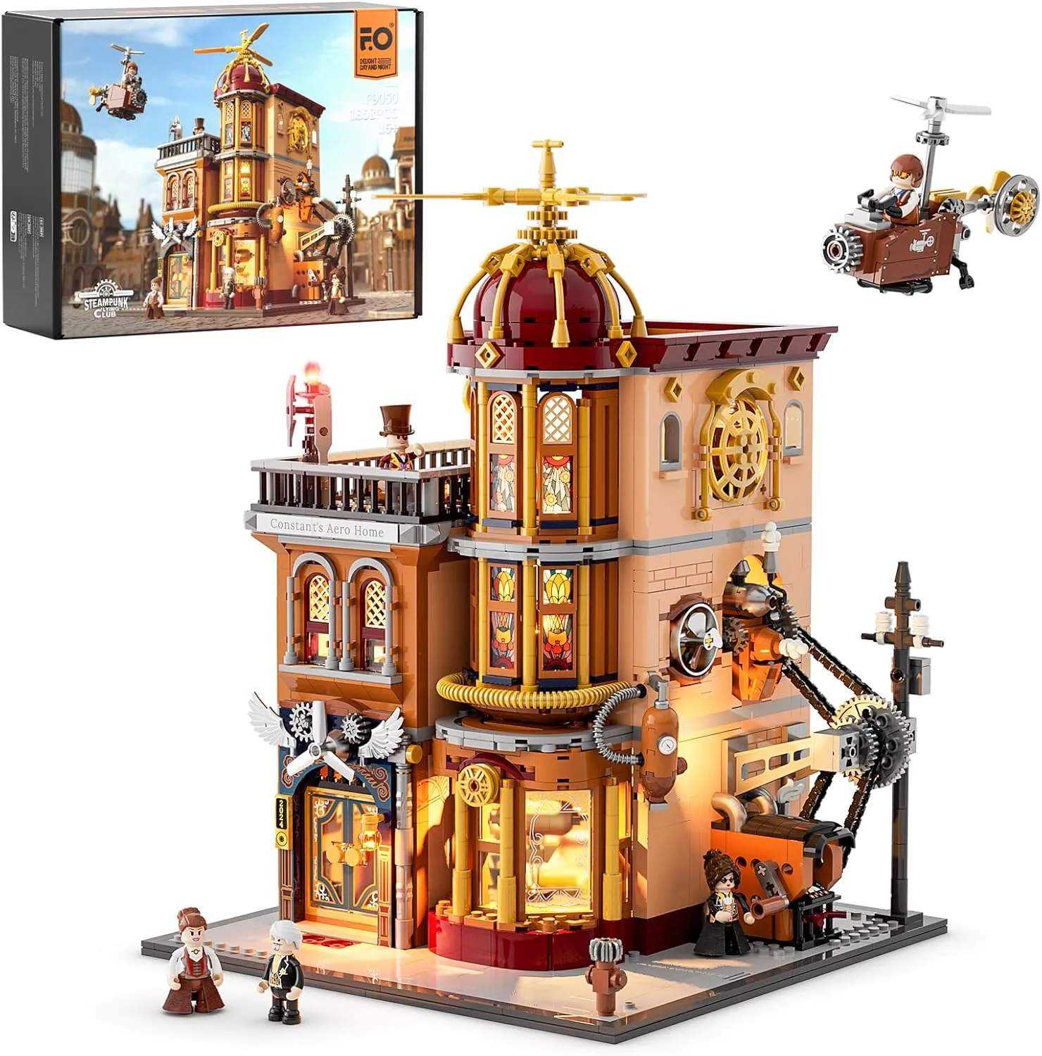 FUNWHOLE Steampunk Flugclub Beleuchtetes Baustein-Set - 1858 Teile Modularer Baukasten Sammler-Set für Erwachsene und Jugendliche