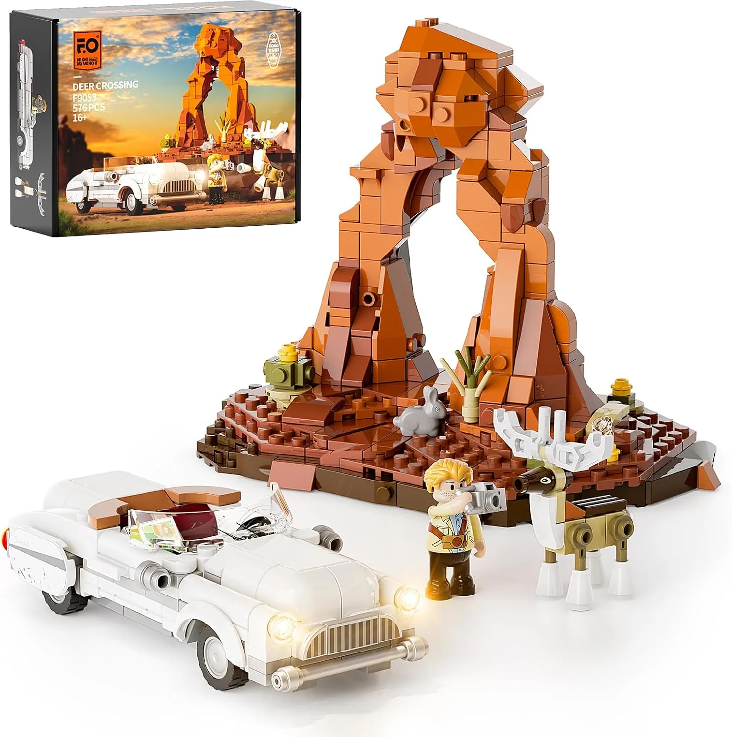 FUNWHOLE Straßen-Wildwechsel-Beleuchtungs-Baustein-Set – Technic-Auto- und Hirsch-Kollektion, LED-Lichtbaustein-Tiere, Konstruktionsset 576 Teile für Erwachsene und Jugendliche