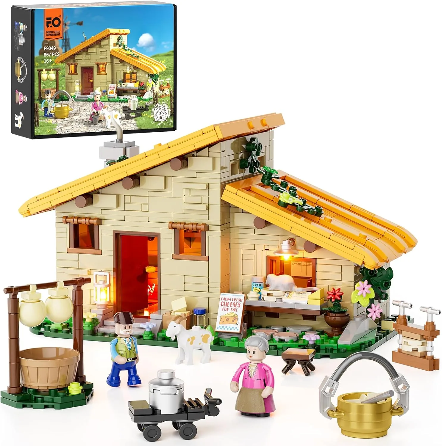 FUNWHOLE Käsehaus Beleuchtungs-Baustein-Set - Hauskäse Kollektion LED Licht BAU Tiere Bausatz 867 Teile für Erwachsene und Jugendliche