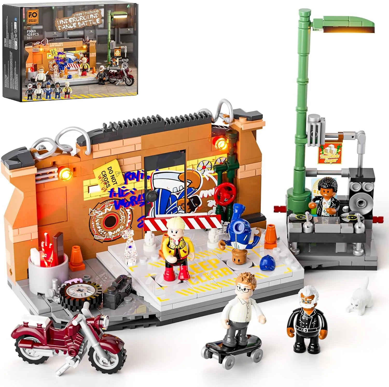FUNWHOLE Streetstyle Straßen-Tanzbattle Beleuchtetes Bausteine-Set,City Straßenfusion Modular Building, 429 Pcs, Spielzeug-Geschenk für Erwachsene & Jugendliche & Street-Culture-Fans, F9069