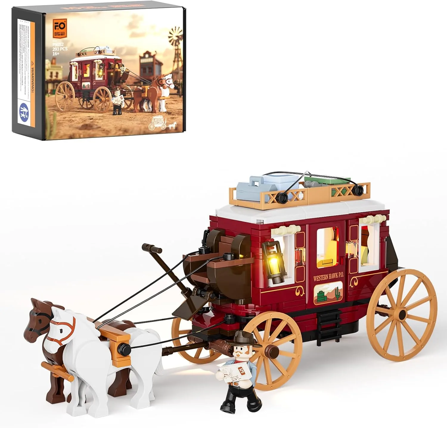 FUNWHOLE Western Stagecoach Beleuchtungsstein-Set – Alter Westwagen und Pferd, 293 Teile, Sammlerstück für Westernliebhaber
