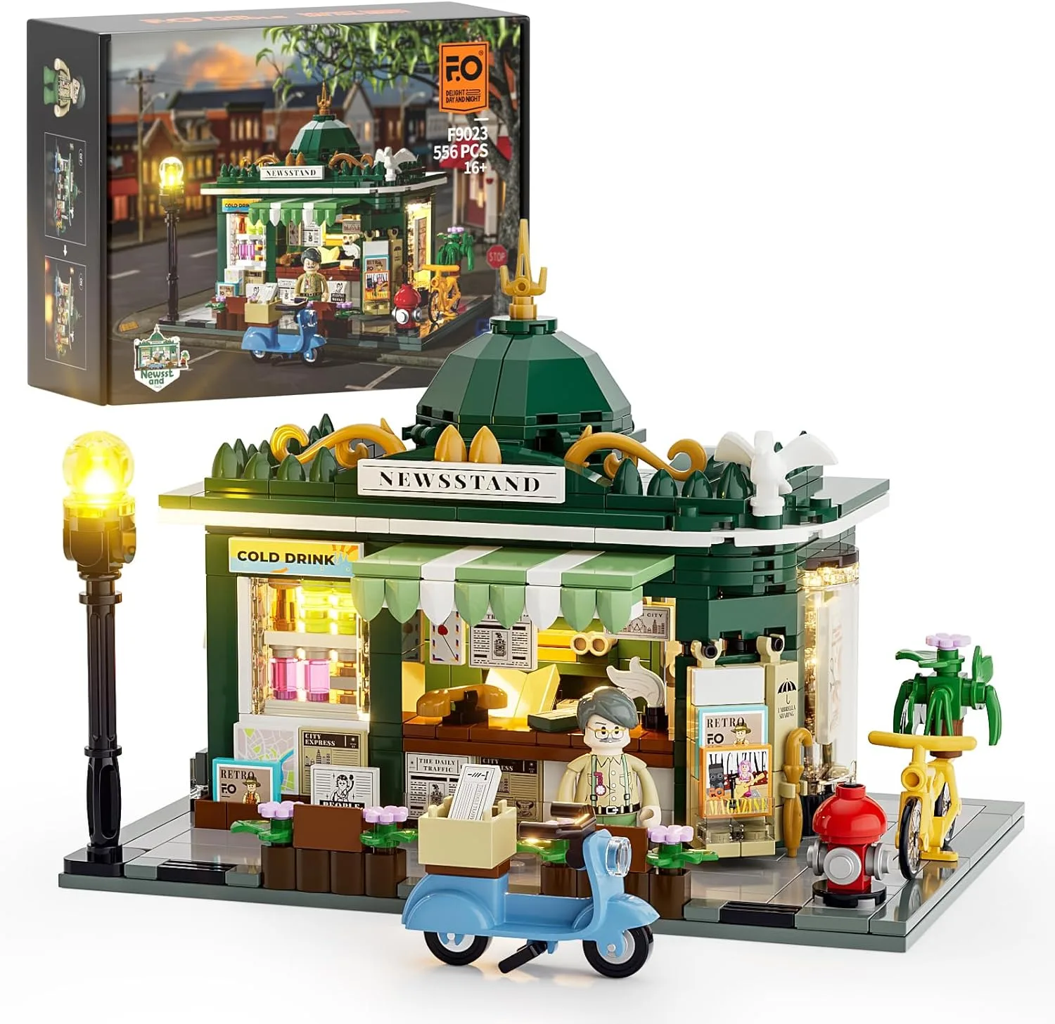 FUNWHOLE Kiosk Beleuchtung Klemmbausteine Haus, Schreibtisch-Deko, Retro Modular Building Stadtleben Set, Geschenk für Erwachsene und Jugendliche,556 Pcs,F9023,Newsstand