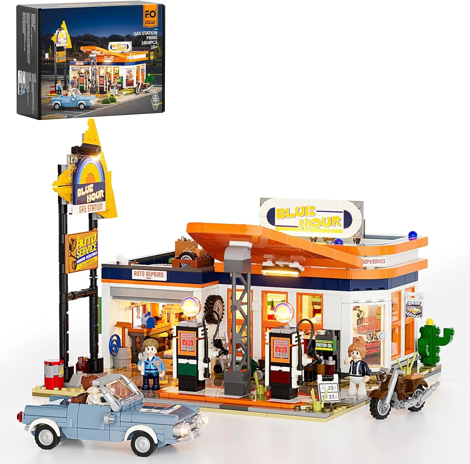 FUNWHOLE City Gas Station Bauset mit Licht – 1608PCS modularer Brick-Baukasten für Erwachsene & Teenager, zur Ausstellung & Roadtrip-Szenen, inklusive Oldtimer & Werkzeuge
