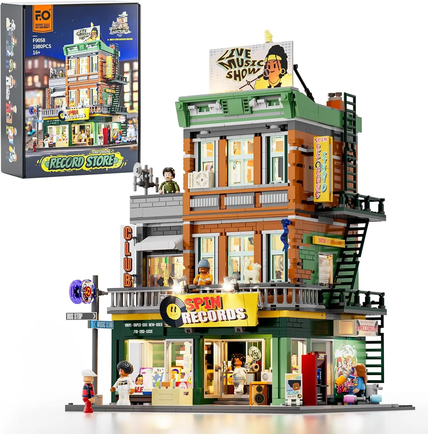 FUNWHOLE Plattenladen Beleuchtung Klemmbausteine Haus - 1980 Pcs Street Fusion Audio Shop, Multi-Form Modular Building Sammlung Kit für Erwachsene & Musikliebhaber,F9058