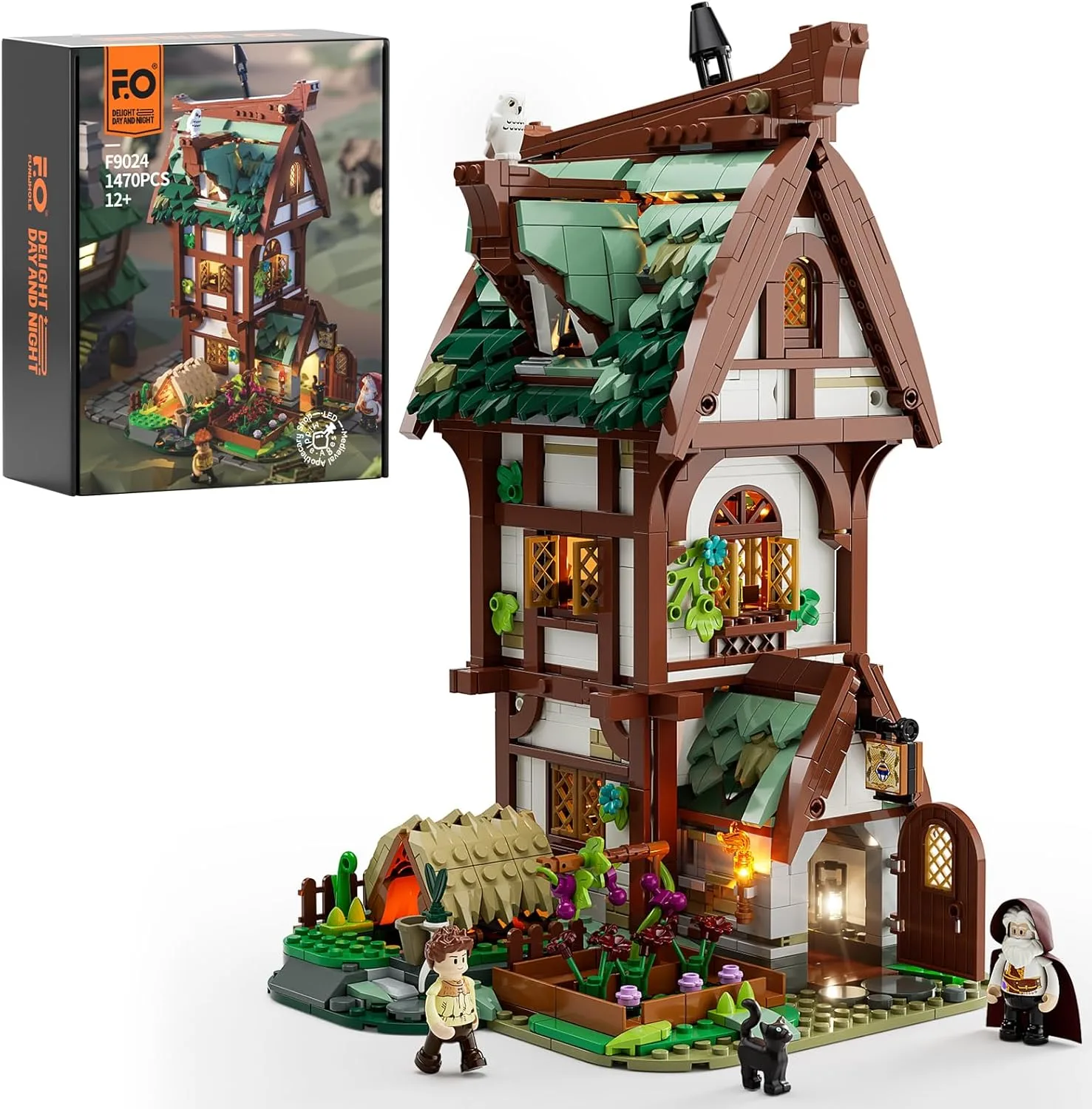 FUNWHOLE Medieval Pharmacy Building Blocks Set with LED Lights, Medieval Shop 1470 Pieces Medieval Street Model Building Set Toy Gifts for Adults and Teenagers