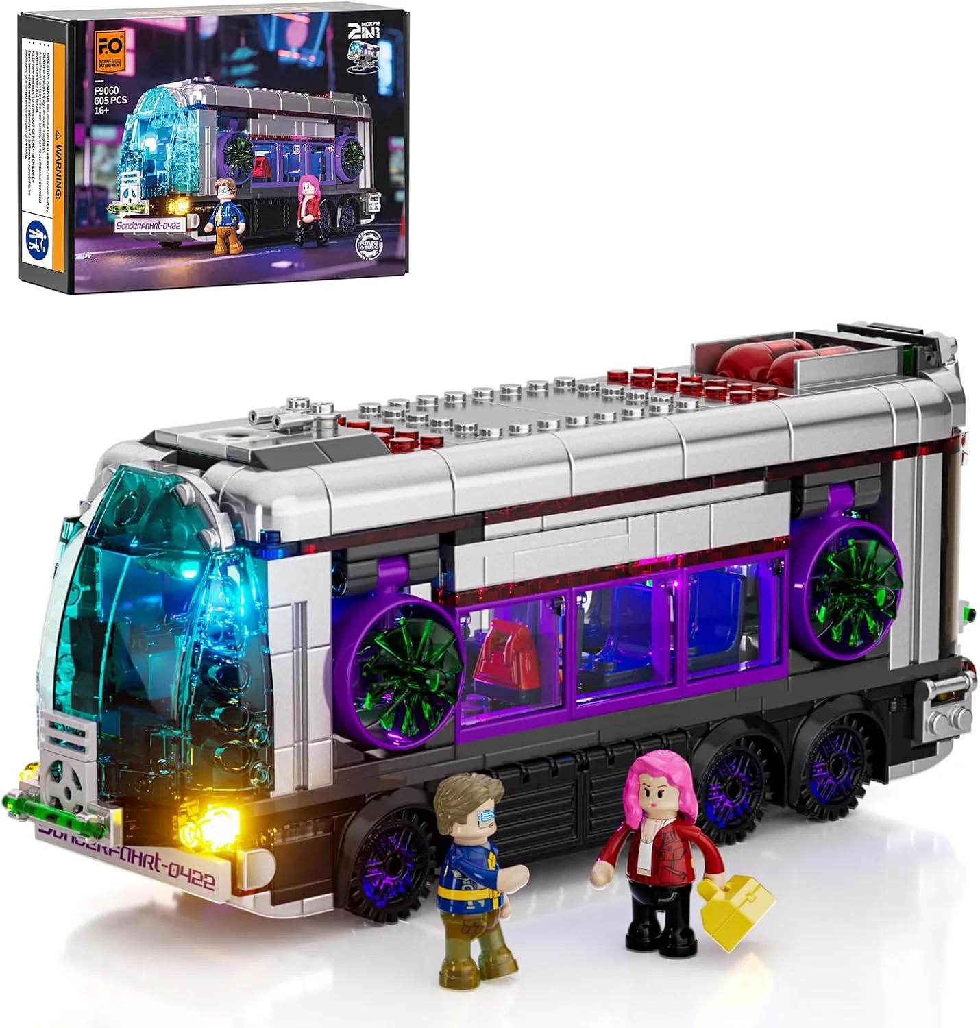FUNWHOLE Cyberpunk Zukünftiger Bus mit LED-Beleuchtung – 2-in-1 Modell mit Licht, 605 Teile für Sci-Fi-Fans und Erwachsene, Perfekte Cyberpunk-Stadt-Deko