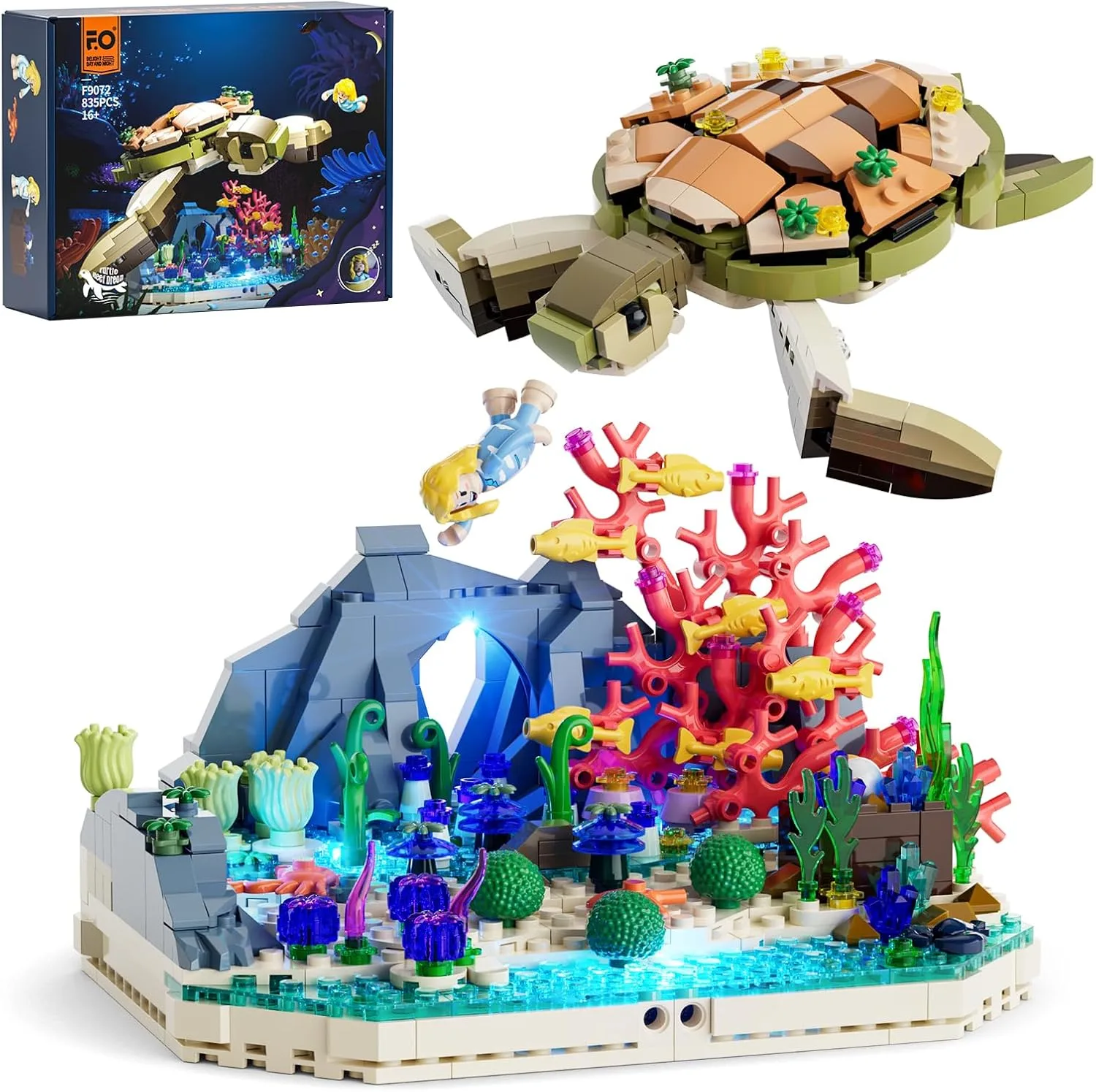 FUNWHOLE Schildkrötenriff-Traum Bauset mit Licht, 835Pcs, Schildkröte Tier-Figuren mit Fantasie-Korallenriff, Geschenk für Jugendliche und Meeresliebhaber,F9072