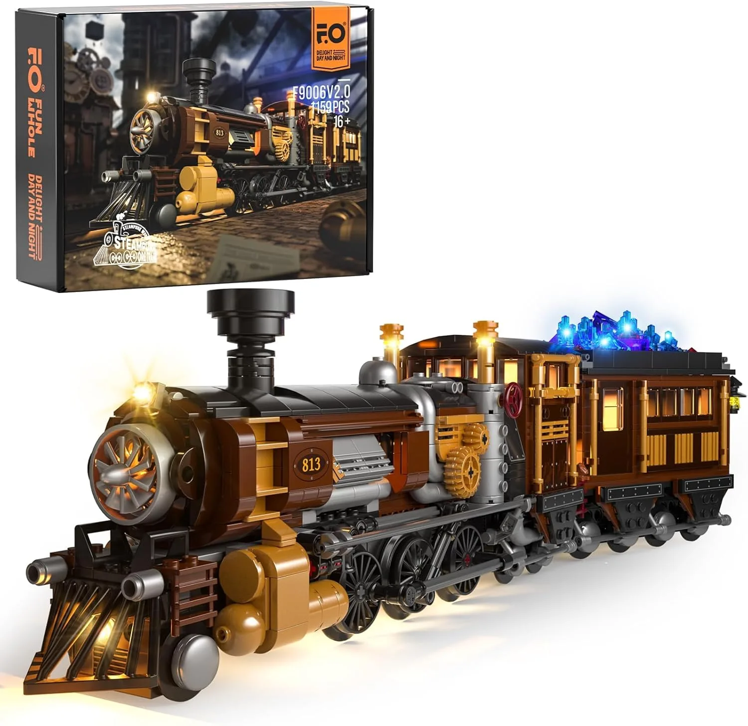 FUNWHOLE Erzbahn Beleuchtetes Baustein-Set - Steampunk Spielzeugzug mit LED Licht, Modularer Konstruktionsbausatz, 1159 Teile für Erwachsene und Teenager
