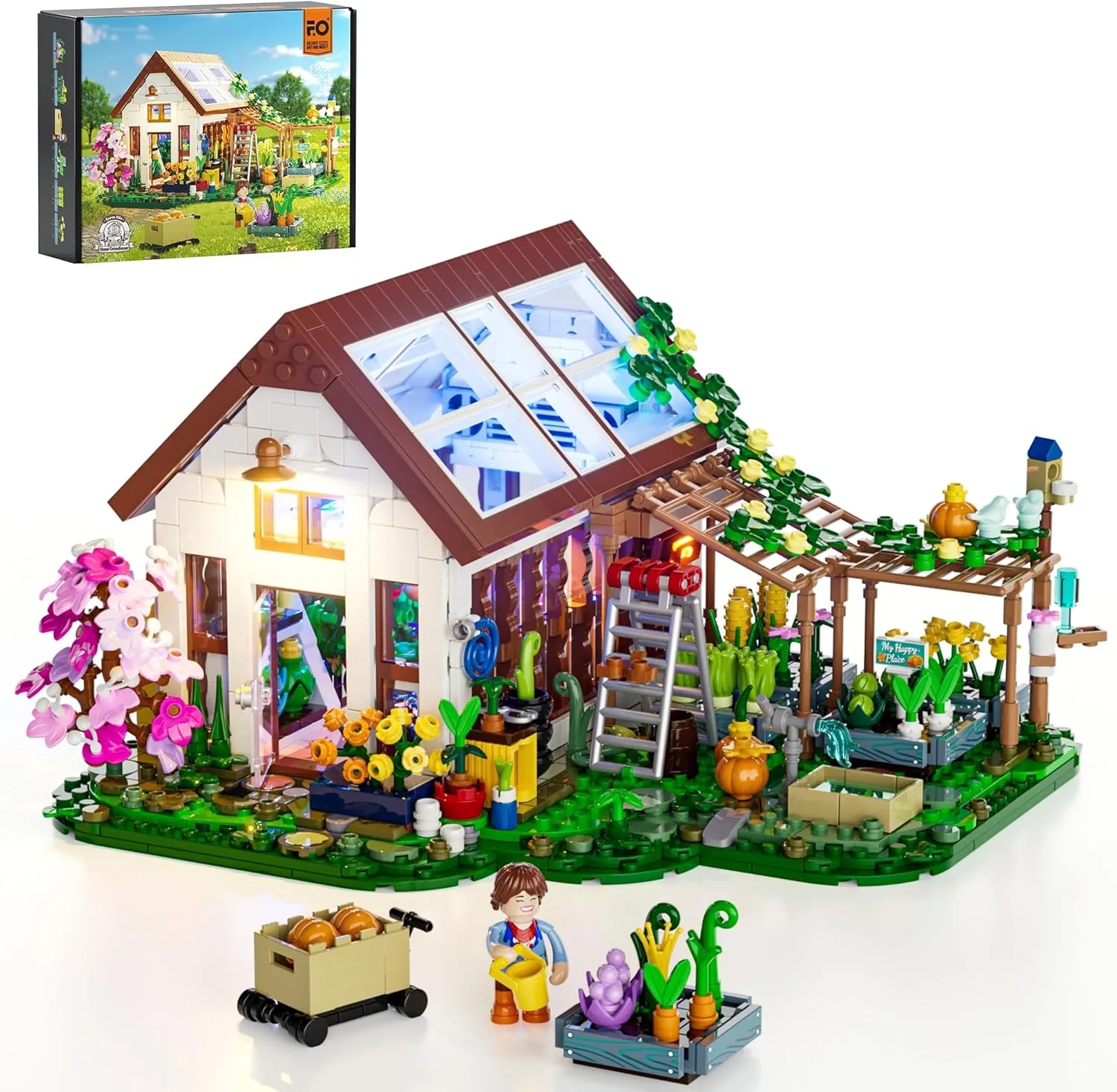 FUNWHOLE Botanisches Gewächshaus Beleuchtetes Baustein-Set – Farm Blumenhaus mit LED Licht, Modularer Modellbausatz, 1428 Teile für Erwachsene und Jugendliche, die Blumen und Pflanzen lieben