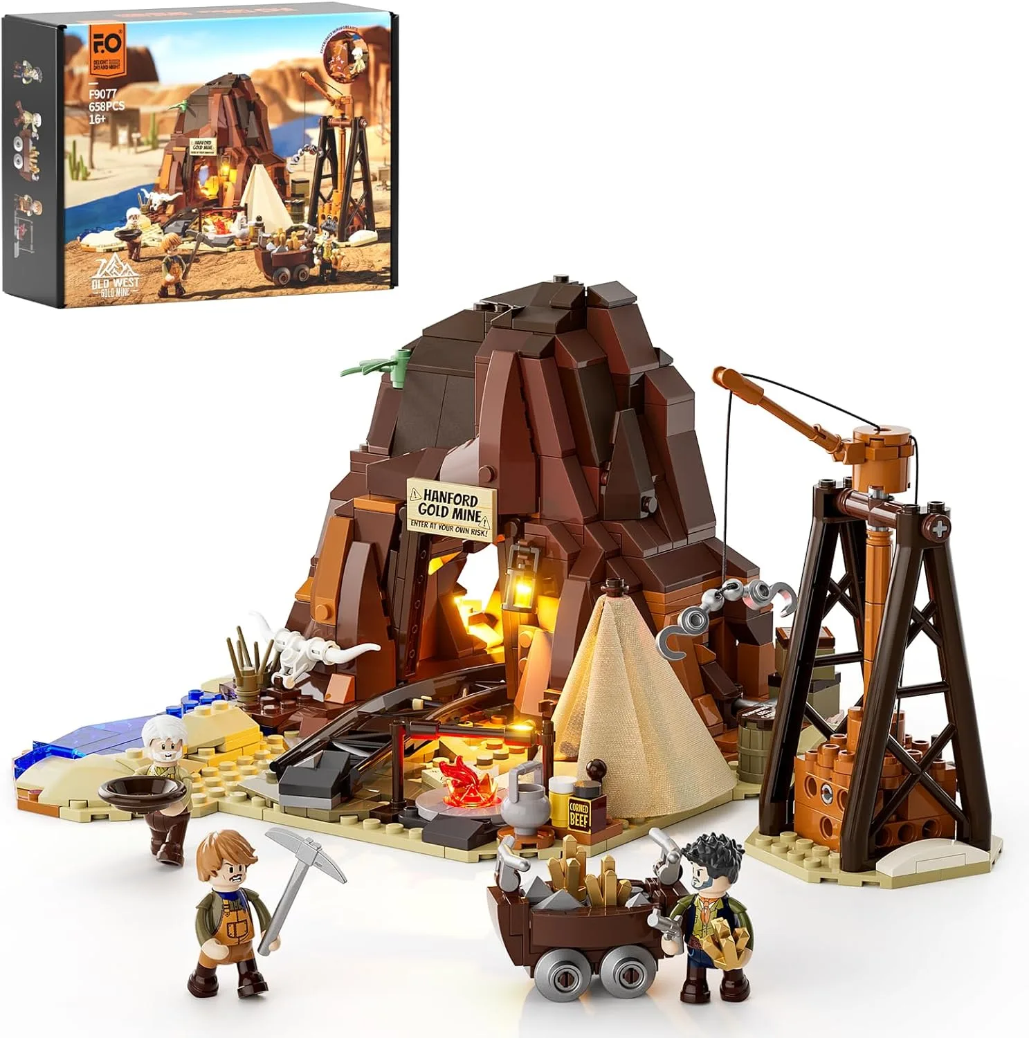 FUNWHOLE Goldmine Bauset mit Beleuchtung – 658 Bausteine Western Mining Camp mit funktionierendem Lorenwagen, Dynamit, doppelseitigen Minifiguren & Tunneln – Wildwest Set für Erwachsene & Jugendliche