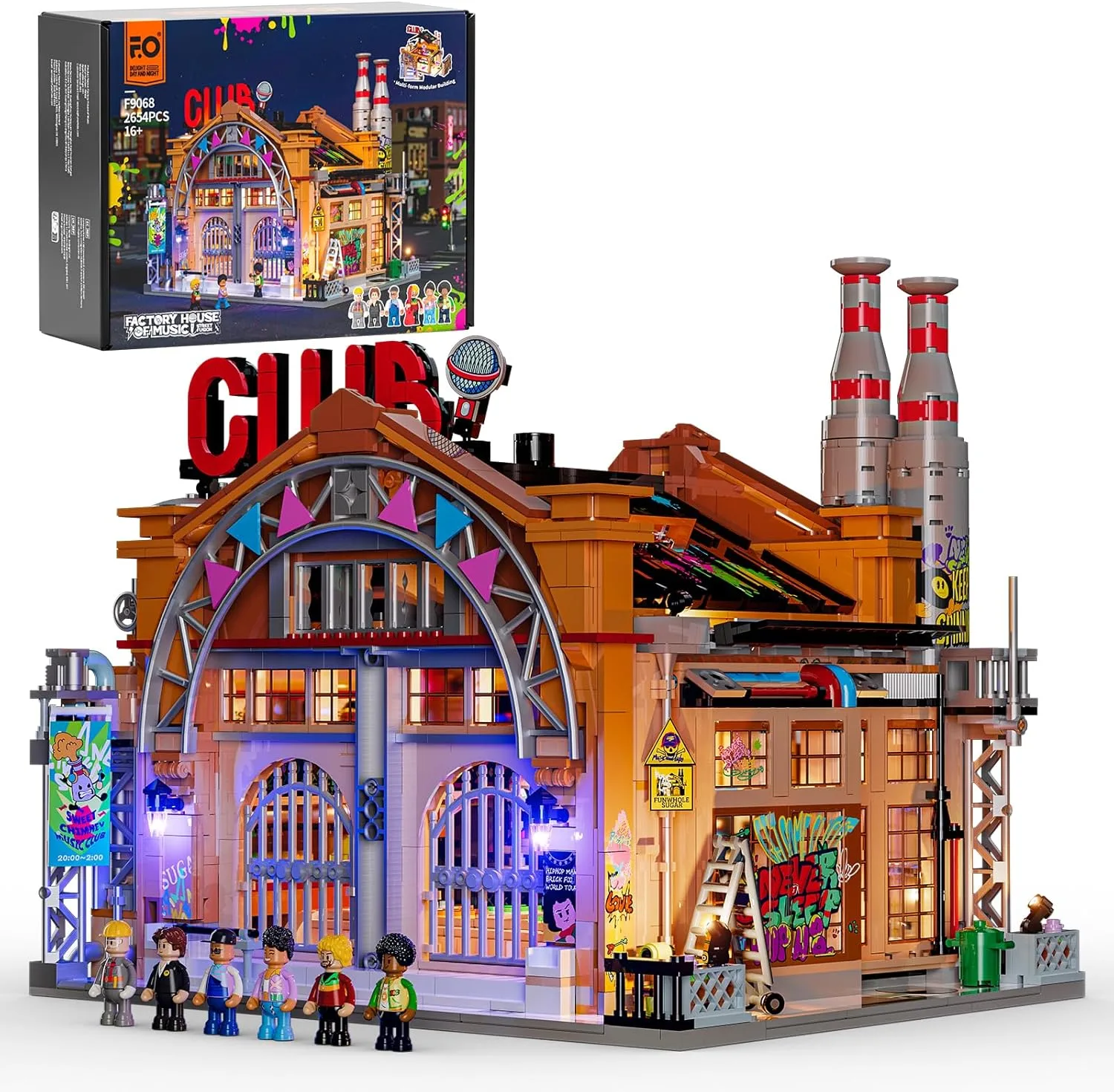 Funwhole Fabrikhaus-der-Musik Beleuchtung Klemmbausteine Haus, City Straßenfusion Modular Building &Deko Aesthetic, 2654 Pcs, Spielzeug-Geschenk für Musikliebhaber & Street-Culture-Fans, F9068