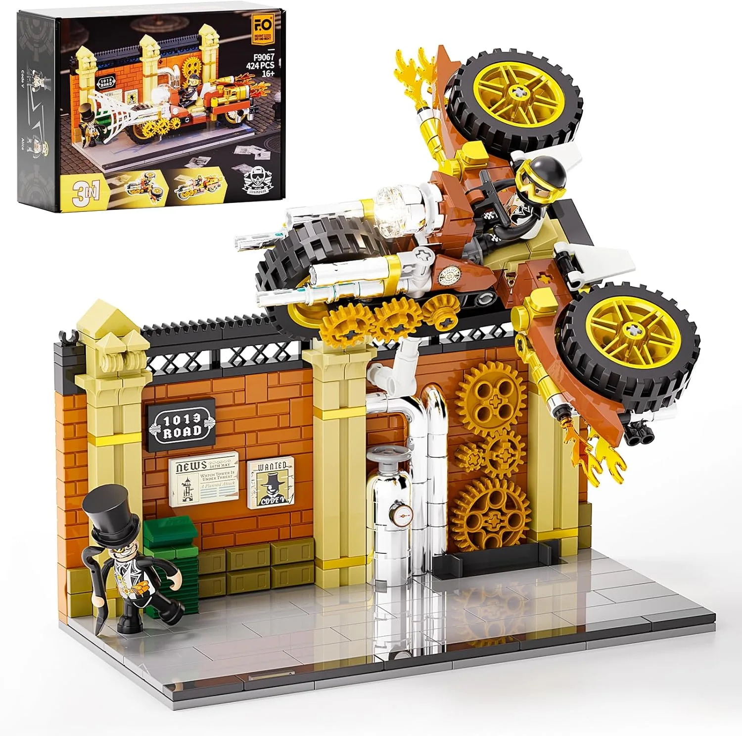 FUNWHOLE Steampunk Motorrad Verfolgungsjagd Beleuchtung Bauklötze Set – Fliegendes Motorrad Spielzeug 424 Teile Sammlung Display Set für Erwachsene und Steampunk-Fans
