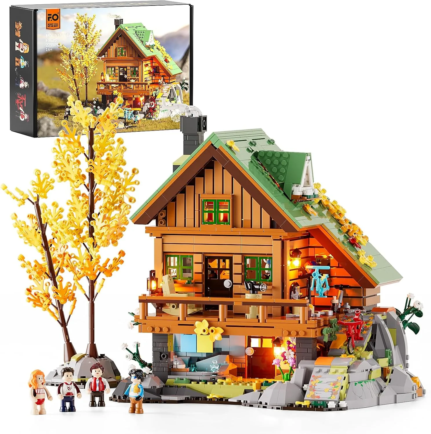 FUNWHOLE Mountain Cabin Bauklötze Set, 2255 PCS BergHütte Klemmbausteine mit LED Licht Wald Lodge Bausteine Modell Bauspielzeugset für Erwachsene und Jugendliche