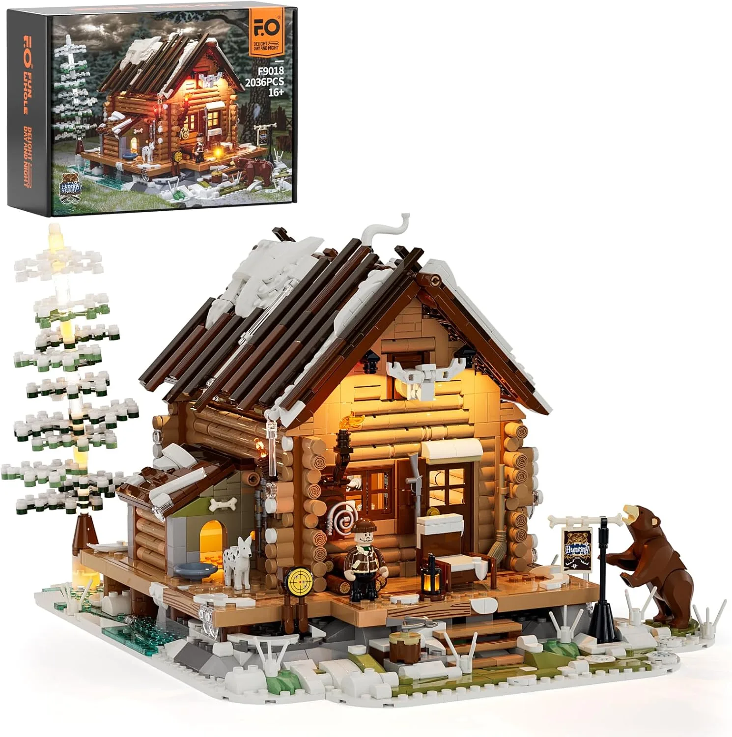 Funwhole Jagdhütte Baukasten - 2036 Teile Retro Holzhaus Modell, geeignet für Erwachsene und Jugendliche, Winter Jagdthema, mit detailliertem Design