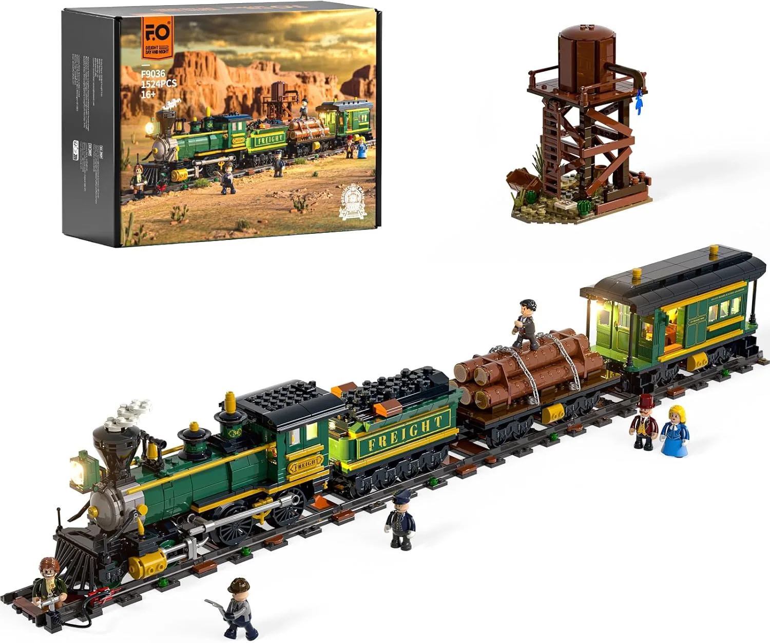 FUNWHOLE Western-Güterzug Bauset – 1524 PCS 4-4-0 Dampflok Modell mit Beleuchtung, Gleisen, Wasserturm & 6 Minifiguren – BAU- & Sammlerspielzeug für Erwachsene, Westliches Diorama & Geschenkidee