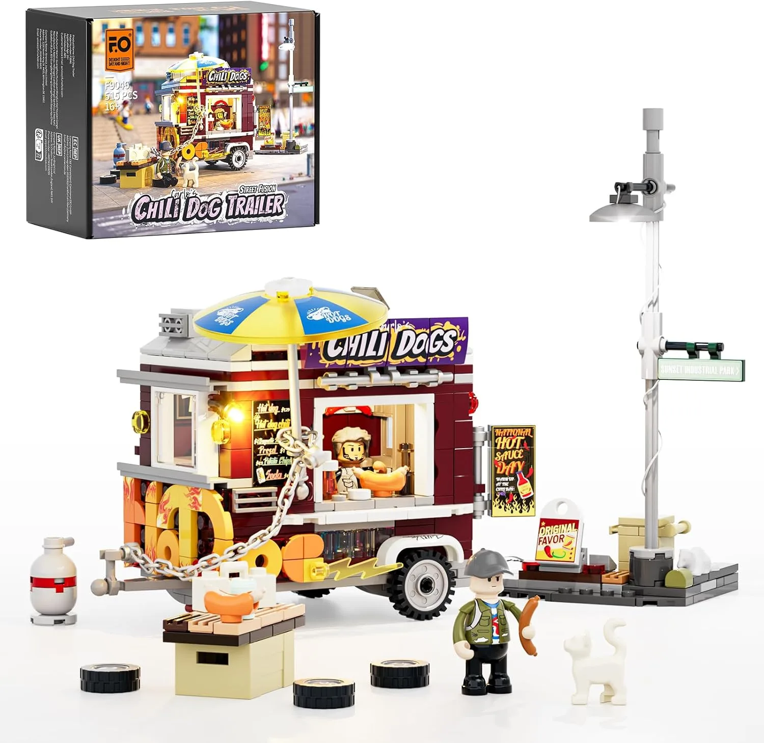 FUNWHOLE Chili-Wurst-Anhänger Beleuchtung Klemmbausteine, Geschenk Geburtstag & Festtagsgeschenk, Modular Building，City Food Truck Chili Dog Trailer 515 Pcs für Erwachsene und Jugendliche，F9046