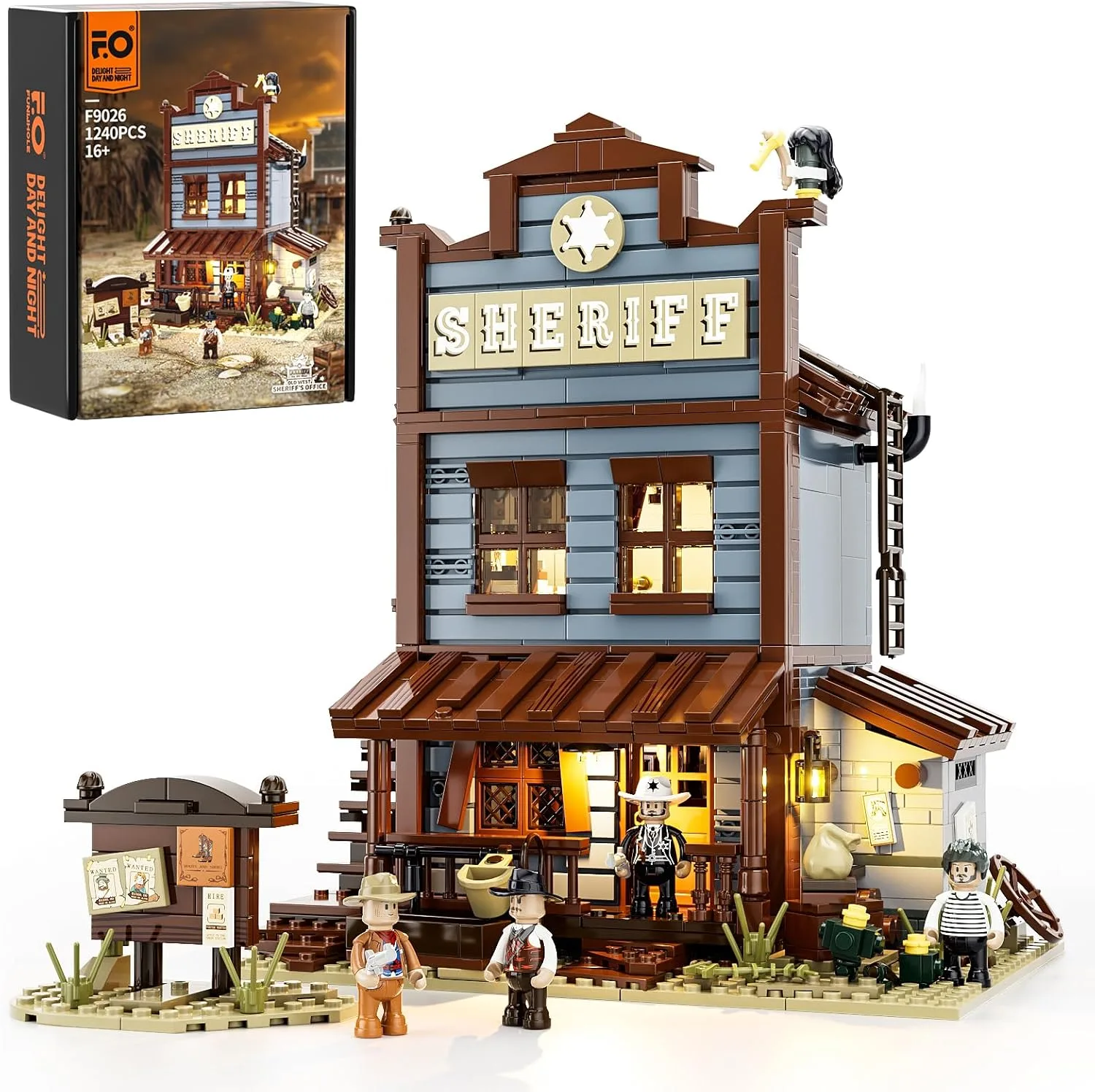 FUNWHOLE Old West Sheriff's Office Lighting Building Blocks Set - Old West Modular Building Kits 1240 Pieces Cowboy Clamping Building Blocks Wild West Toy for Adults and Teenagers