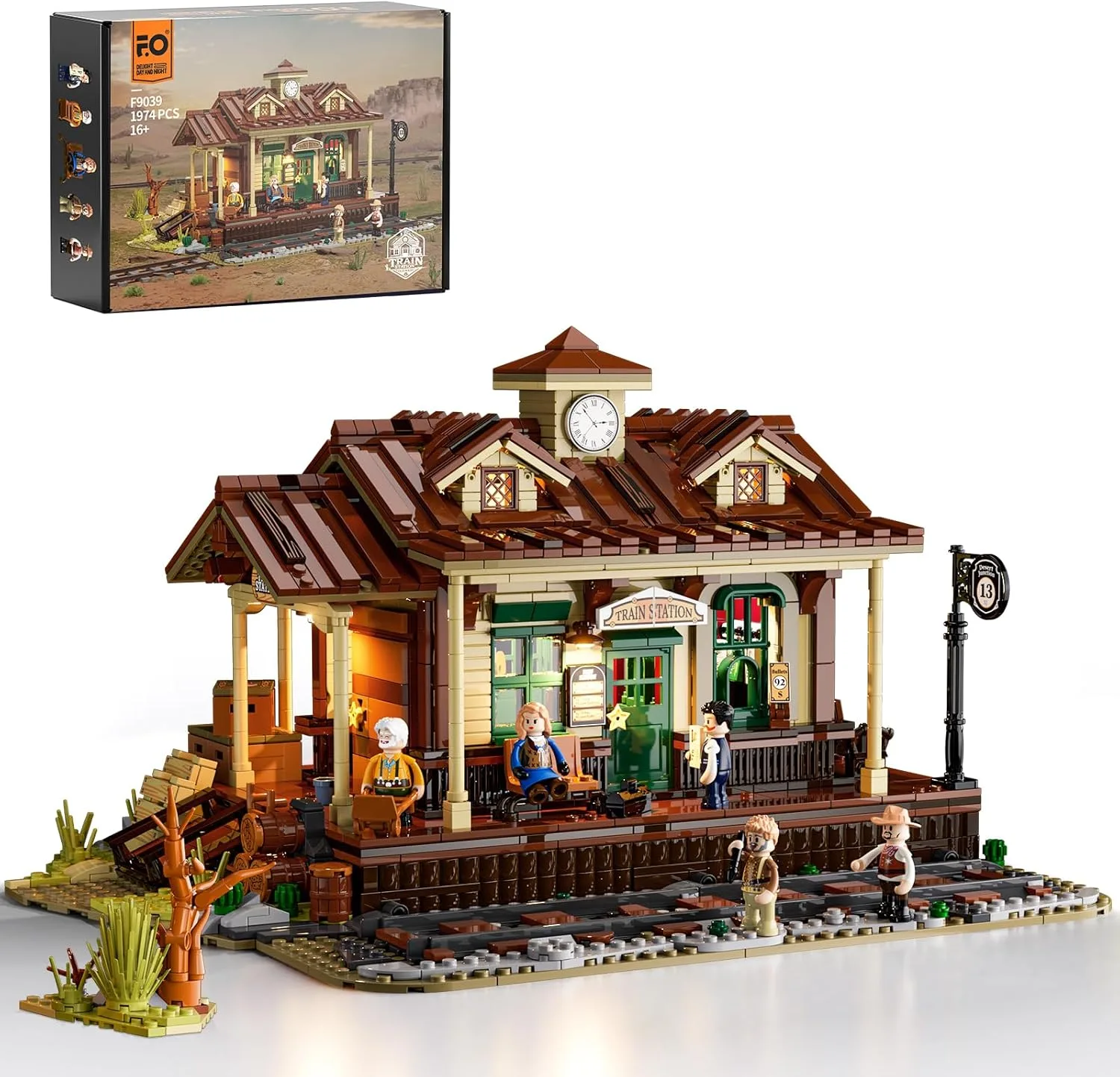 FUNWHOLE Western Station Building Blocks Set with LED Light, 1974 Pieces Building Blocks Train Station Old West Model Train Toy Clamping Blocks for Adults and Teenagers