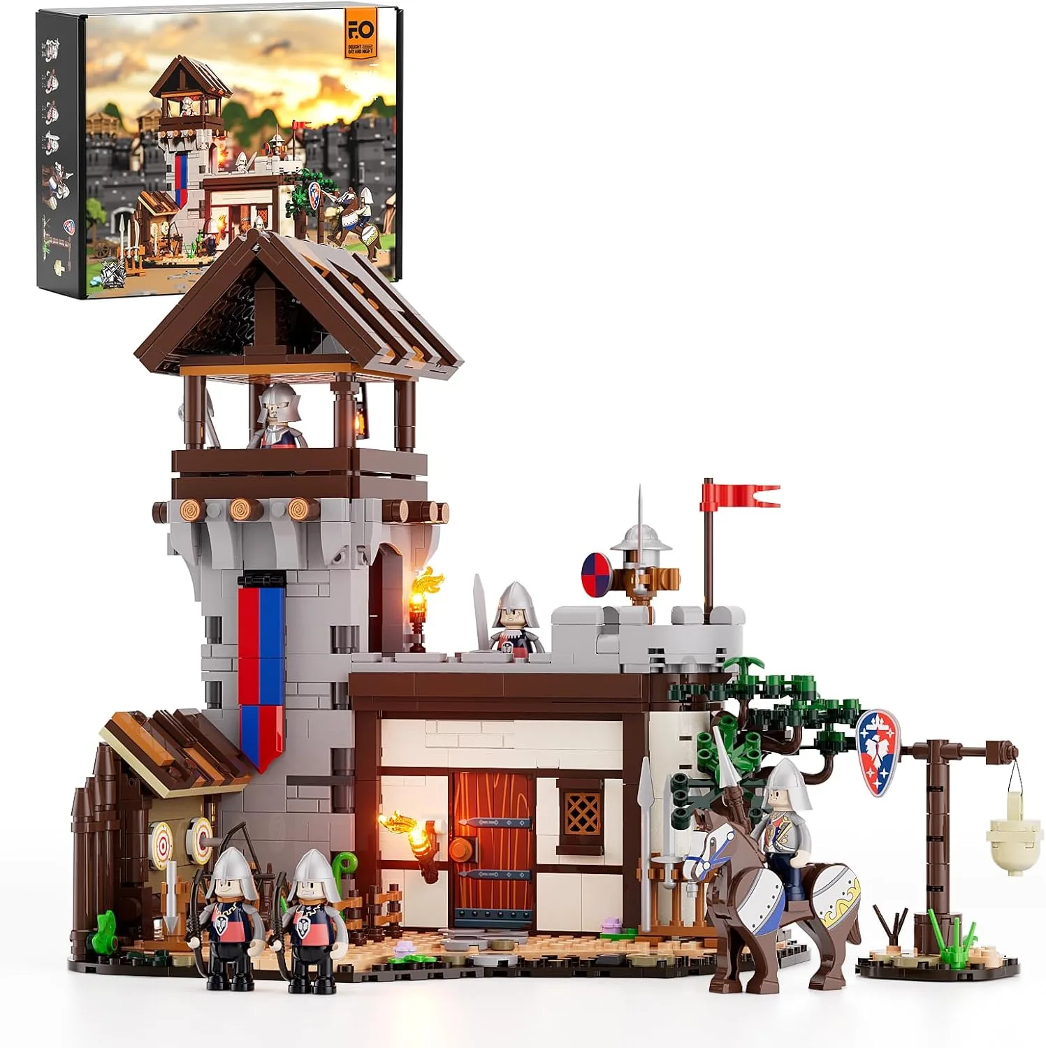 FUNWHOLE Mittelalterlicher Trainingsgelände Beleuchtung Bauklötze Set, 964 Pcs Mittelalter Burg Klemmbausteine Stadttor Castle Spielzeug für Erwachsene und Jugendliche