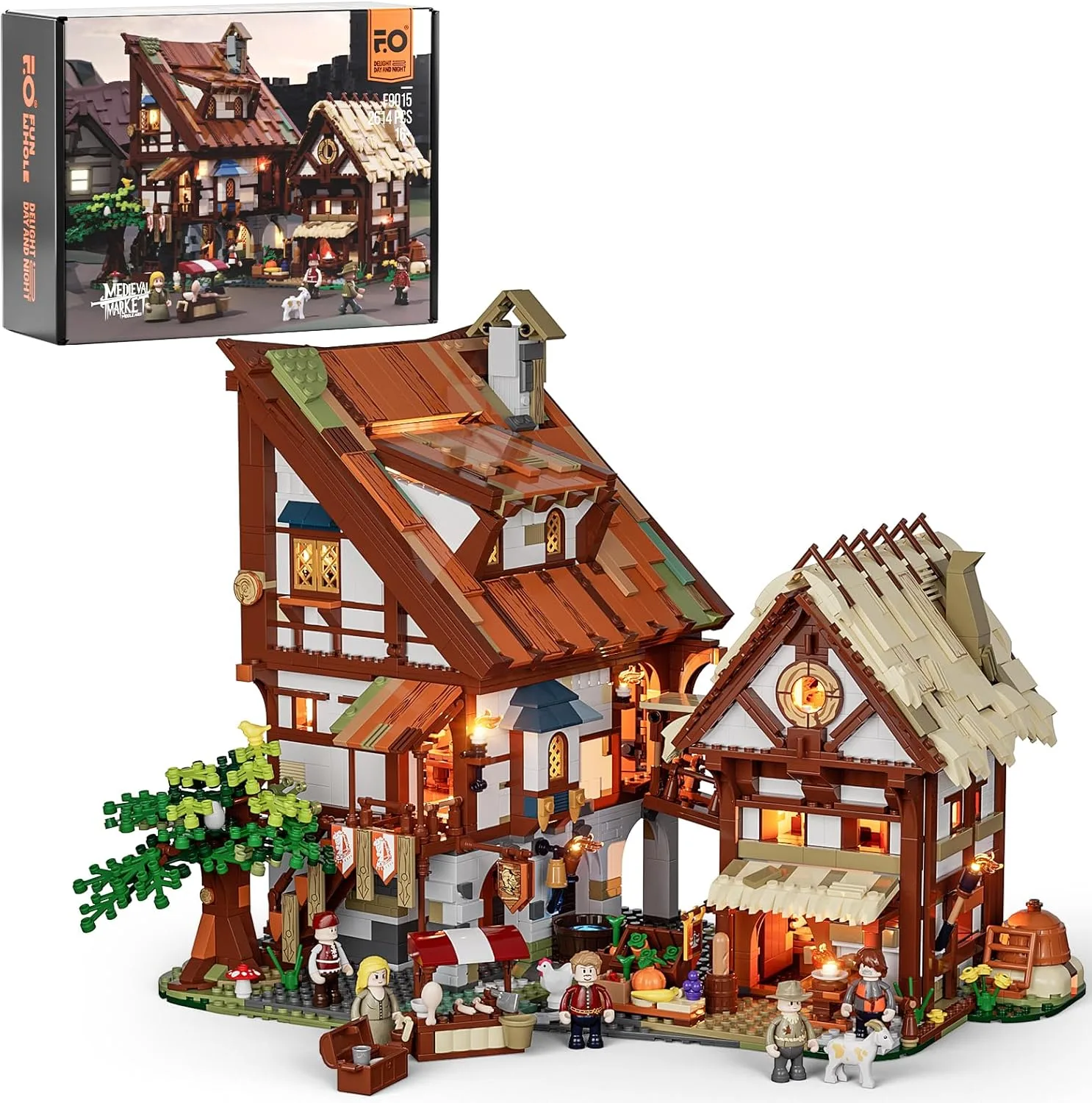 FUNWHOLE Mittelalterlicher Marktplatz Baustein-Set mit LED – 2614 Steine Mittelalterliches Stadtplatz Modell für Erwachsene & Jugendliche, mit Rüstkammer, Bäckerei, Rathaus & Licht-Effekten