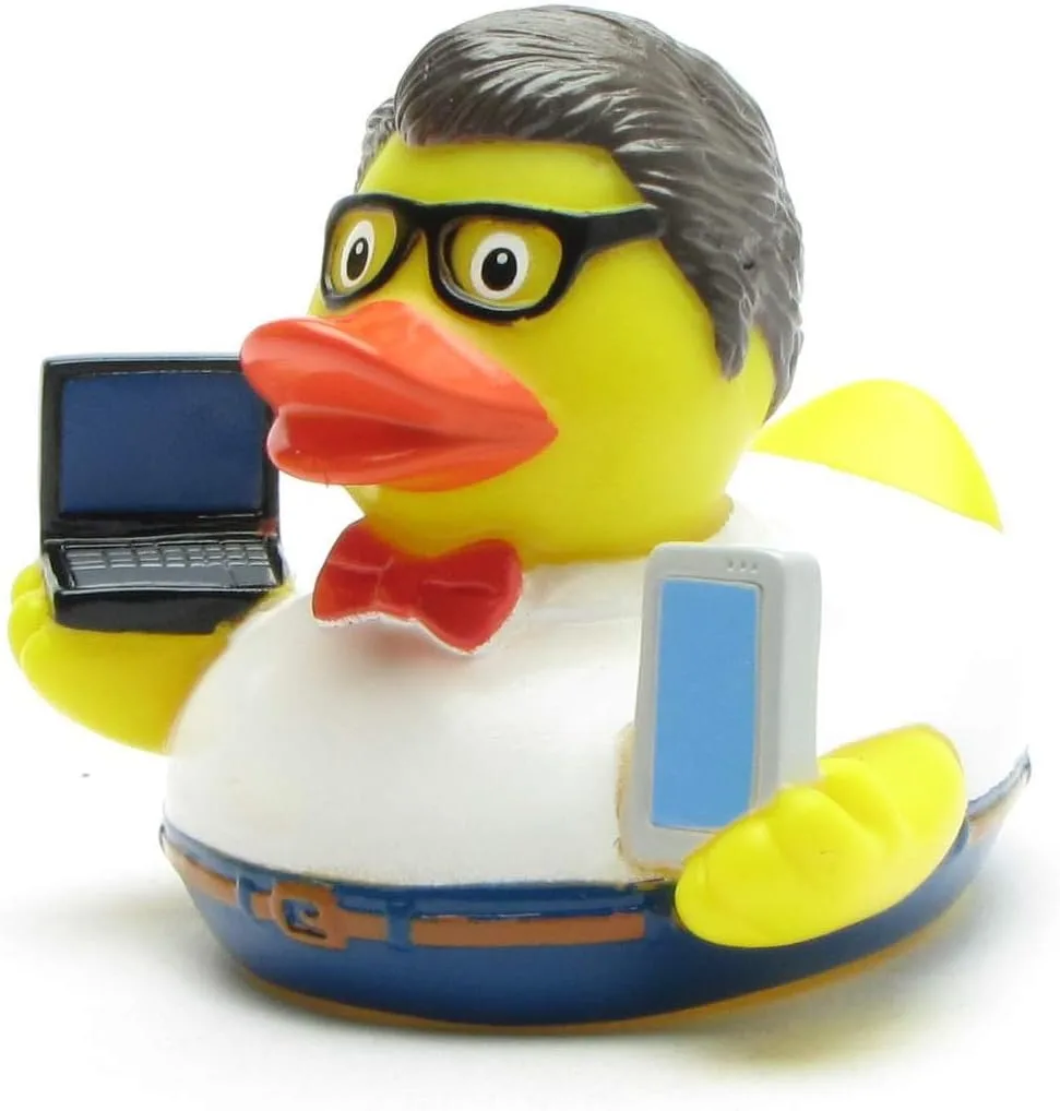 Duckshop I Badeente Nerd I Quietscheente IT-Spezialist I L: 9 cm I inkl. Quietscheentchen-Schlüsselanhänger im Set I Badespielzeug I Geschenk Computer-Freaks I Präsent ITler I