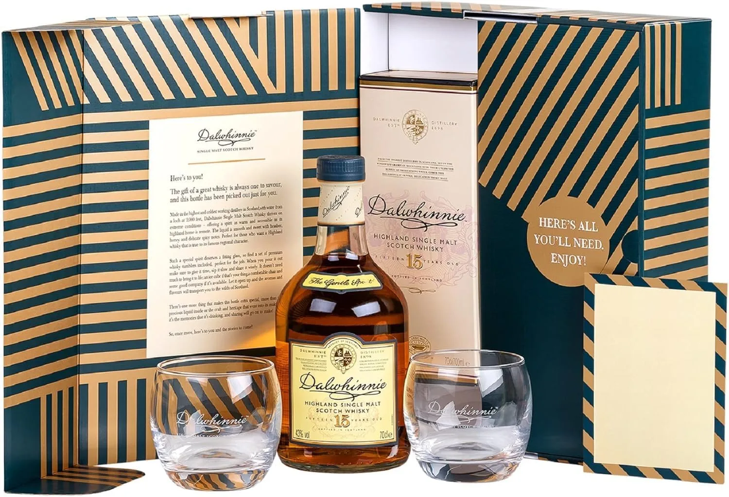 Dalwhinnie 15 Jahre | Highland Single Malt Scotch Whisky | aromatischer Besteller im hochwertigen Geschenkset mit Gläsern & Grußkarte | 43% vol | 700ml Einzelflasche |