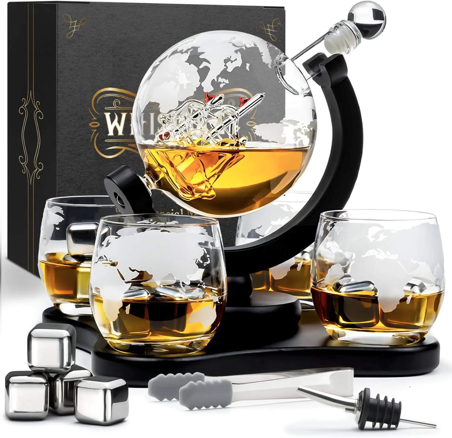 WHISISKEY Whiskey Karaffe Set - Whiskey Geschenkset - Geschenke für Männer - Männergeschenke Geschenk - Geburtstagsgeschenk Mann - Globus Dekanter 900ML, Geschenkbox, 4 Whisky Gläser, 4 Whisky Steine