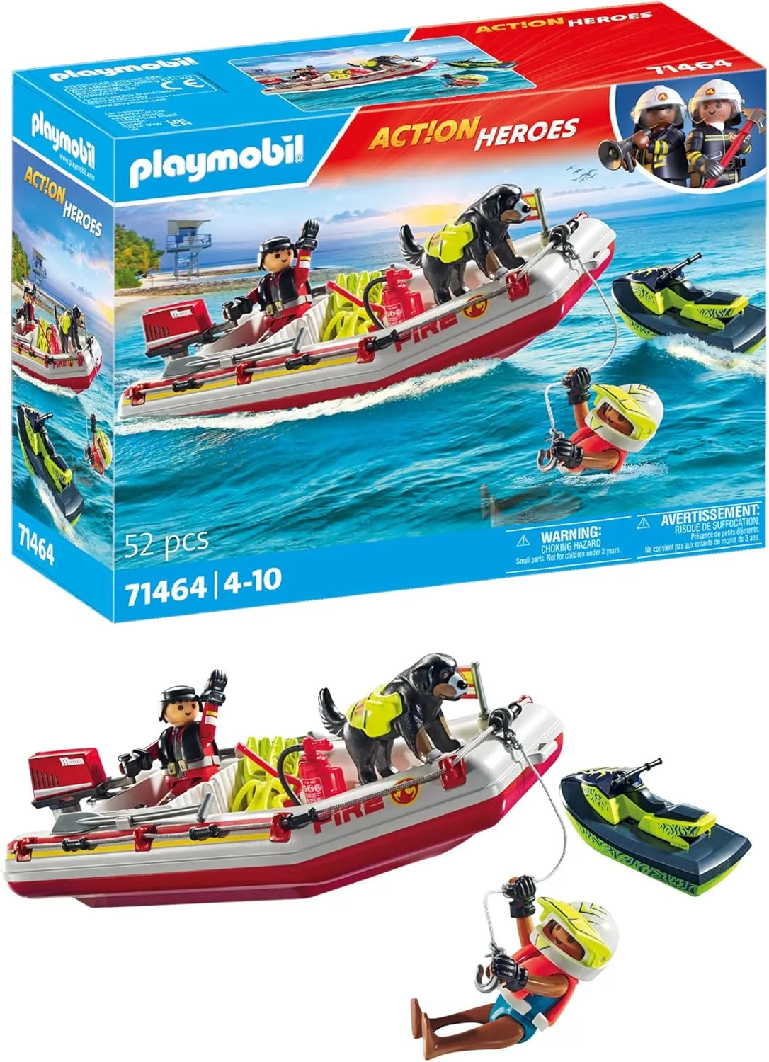 PLAYMOBIL Action Heroes 71464 Feuerwehrboot mit Aqua Scooter, aufregende Wasserrettung, inklusive Taucherbrille, Schwimmflossen und Rettungsweste, realitätsnahes Spielzeug für Kinder ab 4 Jahren