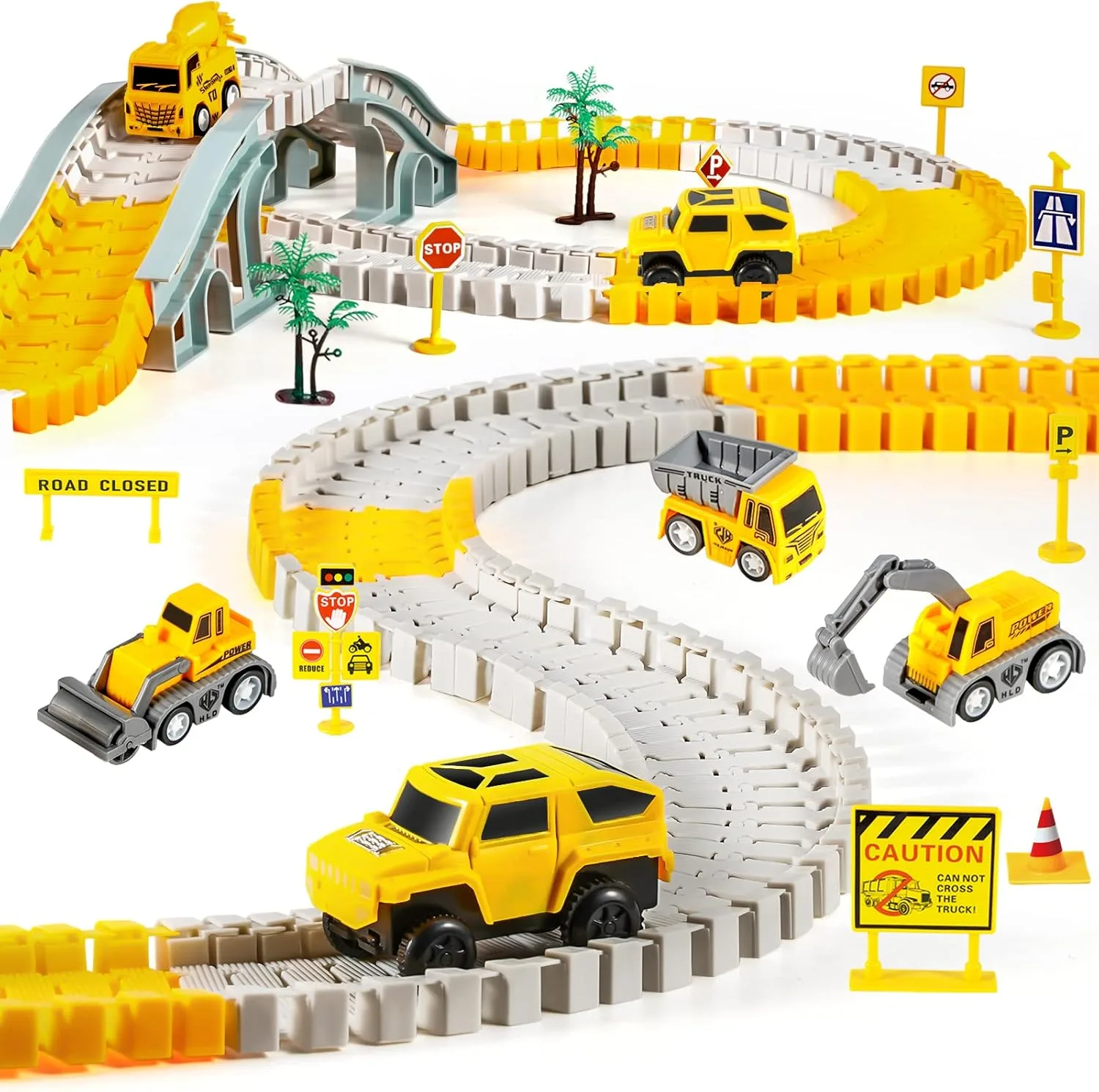 Kizplays 260pcs Autorennbahn Rennbahn 6 Cars Bagger Spielzeug ab Spielzeugautos Autobahn ab 3 4 5 6 Jahre Junge Mädchen,Flexible Track Kran Spiele, Elektroauto Cars Autorennbahn für Kinder Geschenk