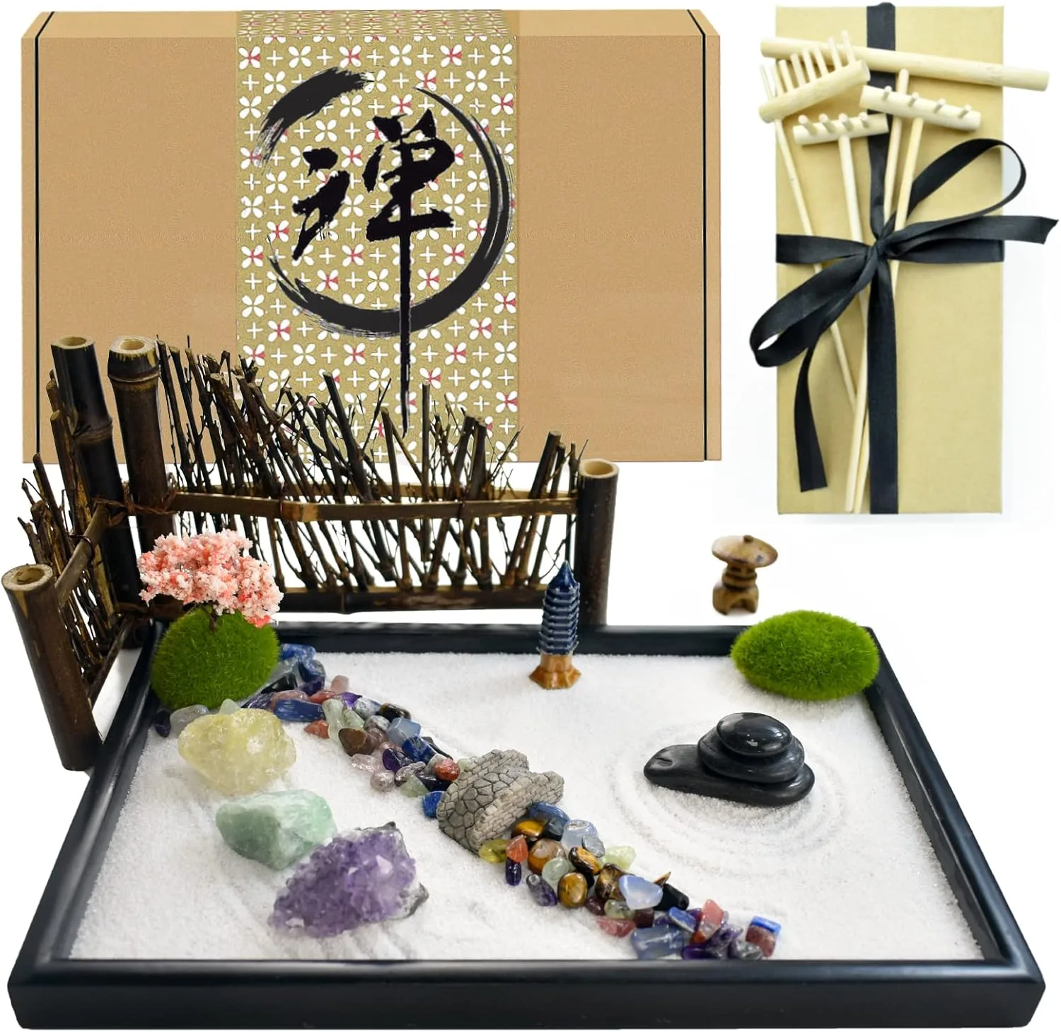 Artcome Japanese Zen Garden Kit for Desk with Rake, Stand, Rocks and Mini Furnishing Articles - Office Desktop Accessories, Mini Table Zen Sand Garden Kit - Meditation Gift