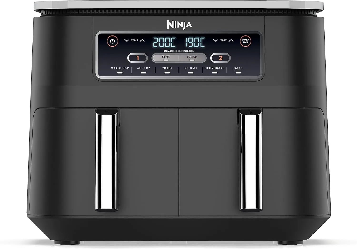 Ninja Foodi Dual Zone Digitale Heißluftfritteuse, 7,6L Airfryer, 2 Fächer, Antihaftbeschichtung, spülmaschinenfeste Körbe, 6-in-1, 4-6 Portionen, Schwarz AF300EU