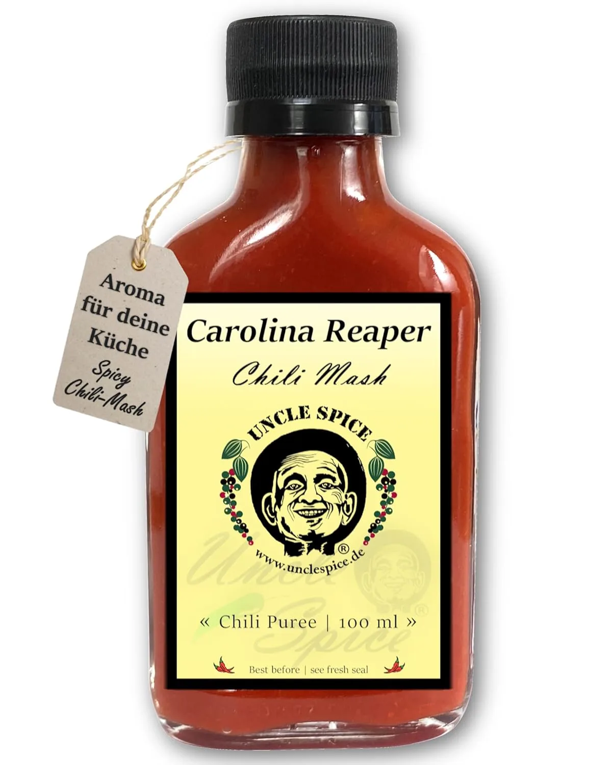 UNCLE SPICE® Carolina Reaper Chili Mash, 100ml Chili-Konzentrat im Glas, 82% schärfste Chili der Welt als fermentiertes Püree, Gewürzsauce zum Mischen - EXTREM SCHARF