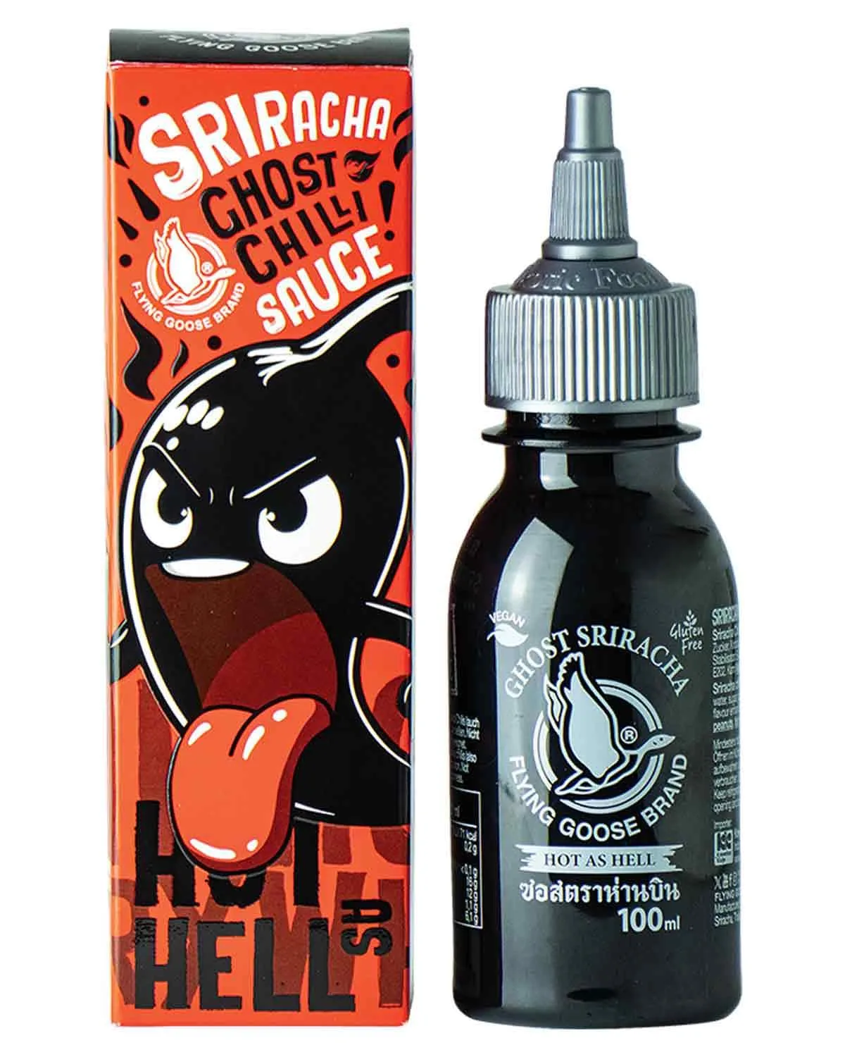 FLYING GOOSE Sriracha Chilisauce Ghost, mit extra Schärfe, extrem scharf, schwarze Kappe, extra scharfe Würzsauce aus Thailand, mit Geschenkverpackung, ideal zum Verschenken, 1 x 100 ml