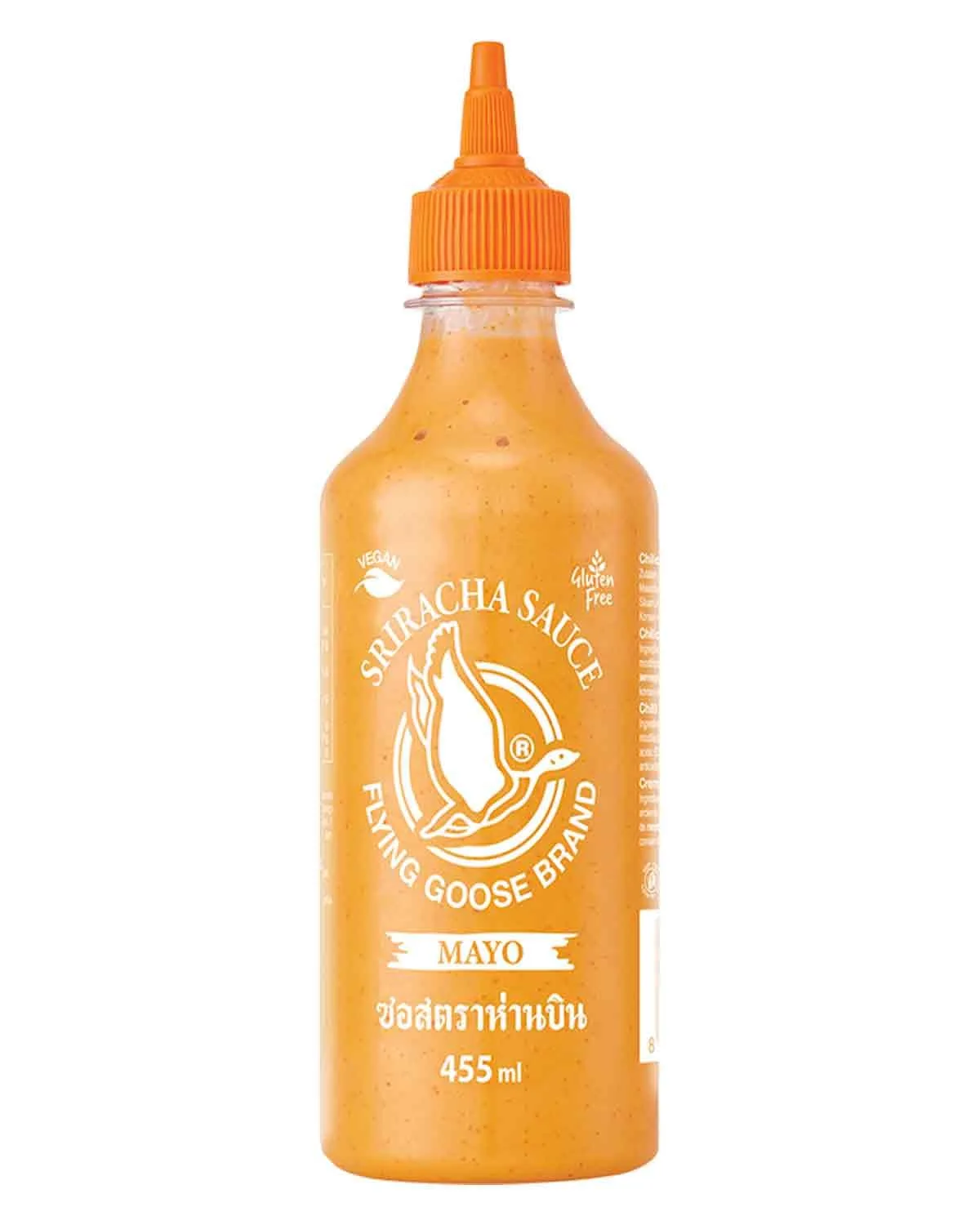 FLYING GOOSE Sriracha Mayoo Sauce, pikante Mayonnaise, leicht scharf, orange Kappe, Würzsauce aus Thailand, vegetarisch, glutenfrei, 1 x 455 ml
