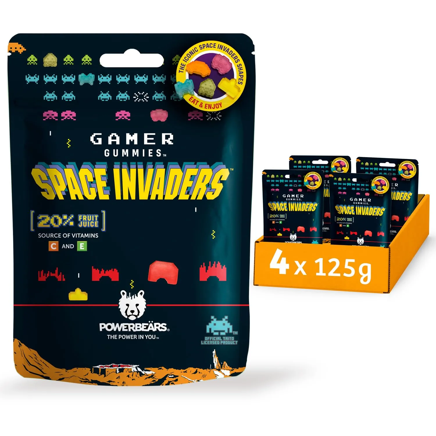Powerbeärs Gamer Gummies | 2er-Set SPACE INVADERS Fruchtgummi | 4x125g | Gummibärchen mit 20% Fruchtsaft und Vitaminen in Space Invaders-Formen | Retro Snack für Gaming-Fans | Gamer Geschenk