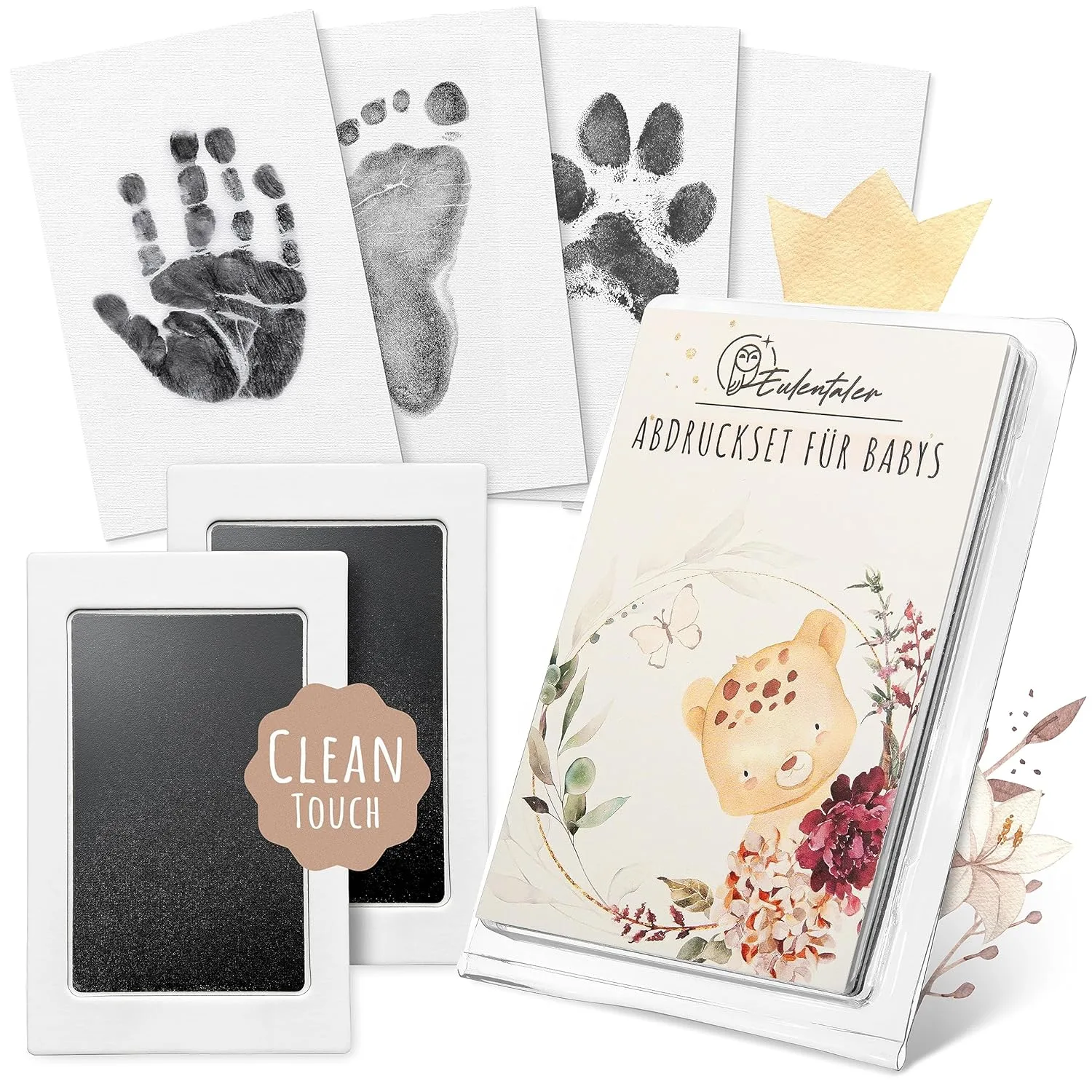 EULENTALER ® Das Baby Abdruckset I 0-6 Monate I Von Pädagogen empfohlen I Für Handabdruck, Fußabdruck & Pfotenabdruck I inkl. 2 Stempelkissen & 4 Abdruckkarten I Geschenk zur Geburt