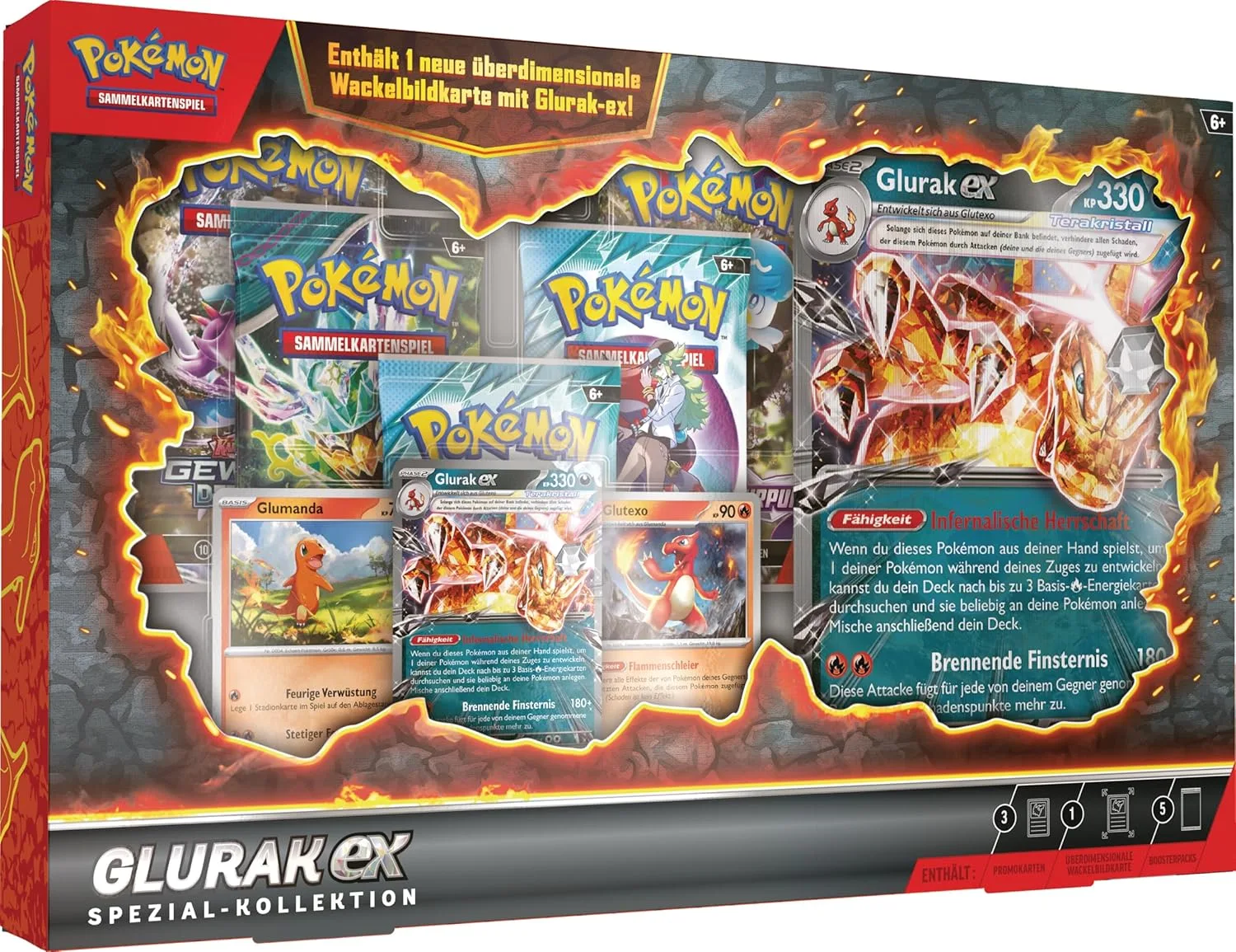 Pokémon-Sammelkartenspiel: Spezial-Kollektion Glurak-ex (1 holografische Promokarte, 2 holografische Karten, 1 überdimensionale Wackelbildkarte & 5 Boosterpacks)