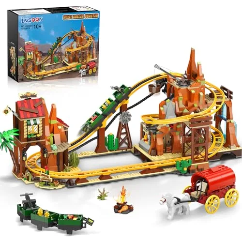 INSOON Achterbahn Bauspielzeug mit Grubenbahn Kettenantrieb Wagen, 1270 Stück Minen Zug Achterbahn Modell Spielzeug, Klemmbausteine Geschenk für Erwachsene Jugendliche Kinder Jungen Mädchen 10+ Jahren