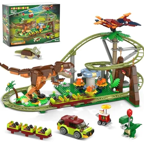 HOGOKIDS Dinosaurier Achterbahn Bausteine Spielzeug – 1222pcs Achterbahn Bauspielzeug mit 4 Dinosauriern, Geländewagen, Dinosauriermodellen, Geschenk für Erwachsene, Mädchen Jungen ab 8 Jahren