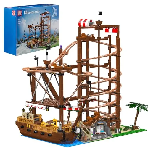 Mould King 11013 Technik Klemmbausteine Achterbahn mit Looping MOC Rollercoaster Vergnügungspark Achterbahn Bausteine Spielzeug mit Piratenschiff Jugendliche Geschenke(2174 Teile)