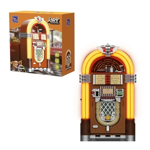 PANTASY Retro-Jukebox-Bauset mit Münz- & Soundfunktion, Mechanisches Musikbox-Modell mit Acryl-Schallplatten, Aufnahmestudio & Minifigur, Sammler-Bauset als Geschenk für Erwachsene und Teenager