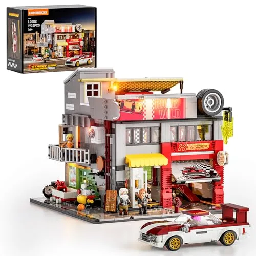 Lumibricks Straßenfusion Street MOD Garage Bausatz mit Licht – Modellbausatz im Retro-Industriedesign, 1935Pcs, Geschenk für Erwachsene, Jugendliche und Autofans, L9088