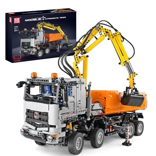 Mould King 19007 Technik Pneumatischer LKW Bausteine Modell, 2970 Teile Fernbedienung Pneumatic Truck Bauset, Klemmbausteine Kran Spielzeug Bausatz mit Fernbedienung und App Doppelsteuerung